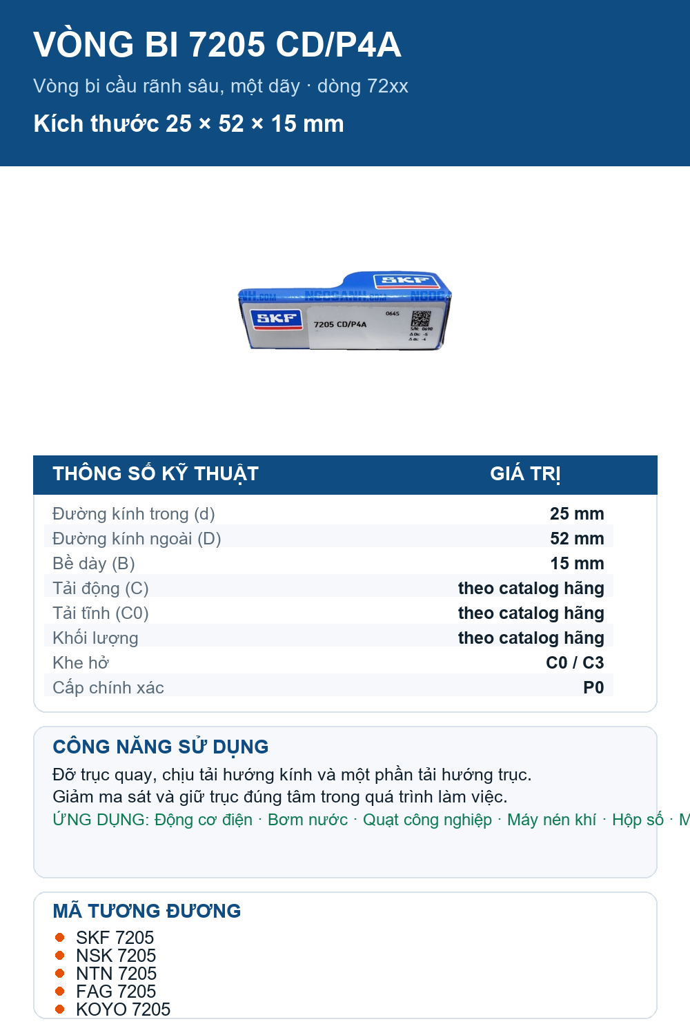 Vòng bi SKF 7205 CD/P4A 25x52x15mm — Ảnh thông số (Pinterest)