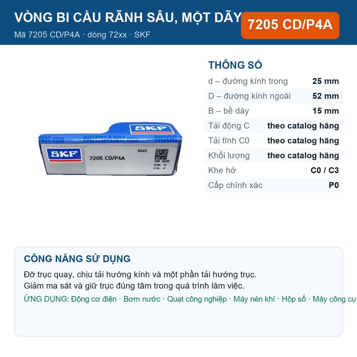 Vòng bi SKF 7205 CD/P4A — kích thước 25x52x15mm
