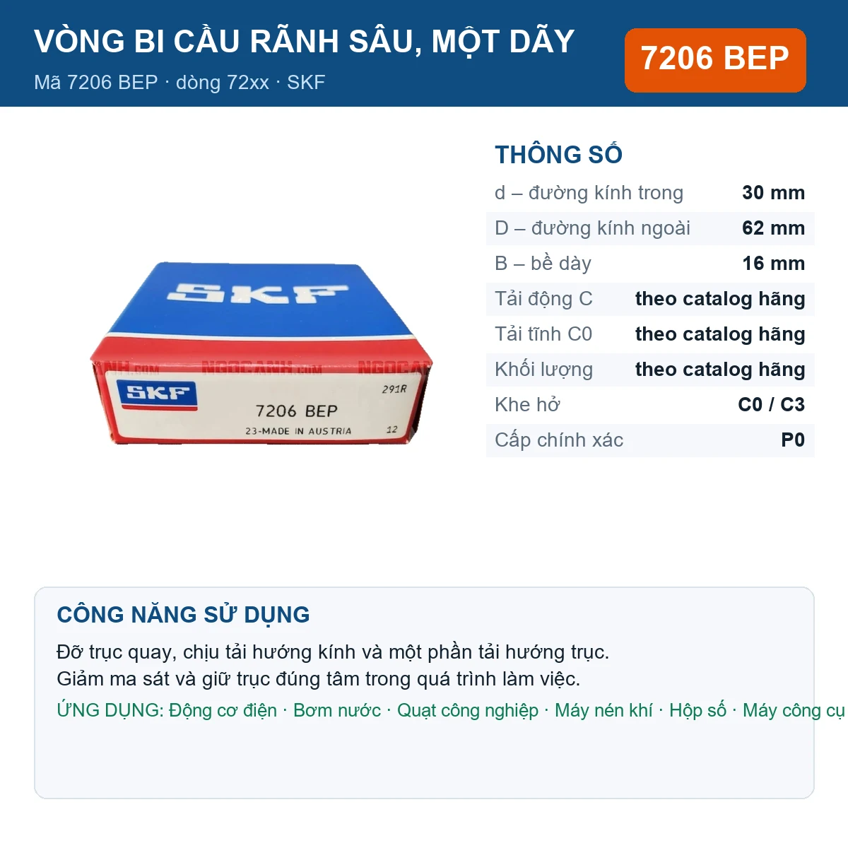 Vòng bi SKF 7206 BEP — kích thước 30x62x16mm