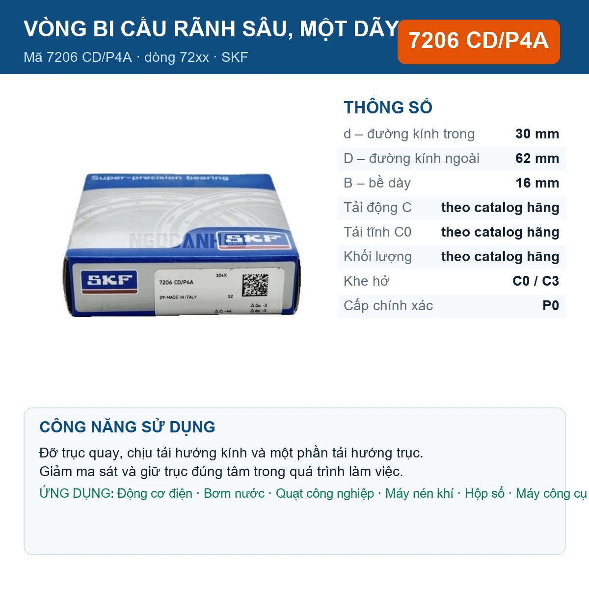 Vòng bi SKF 7206 CD/P4A — kích thước 30x62x16mm