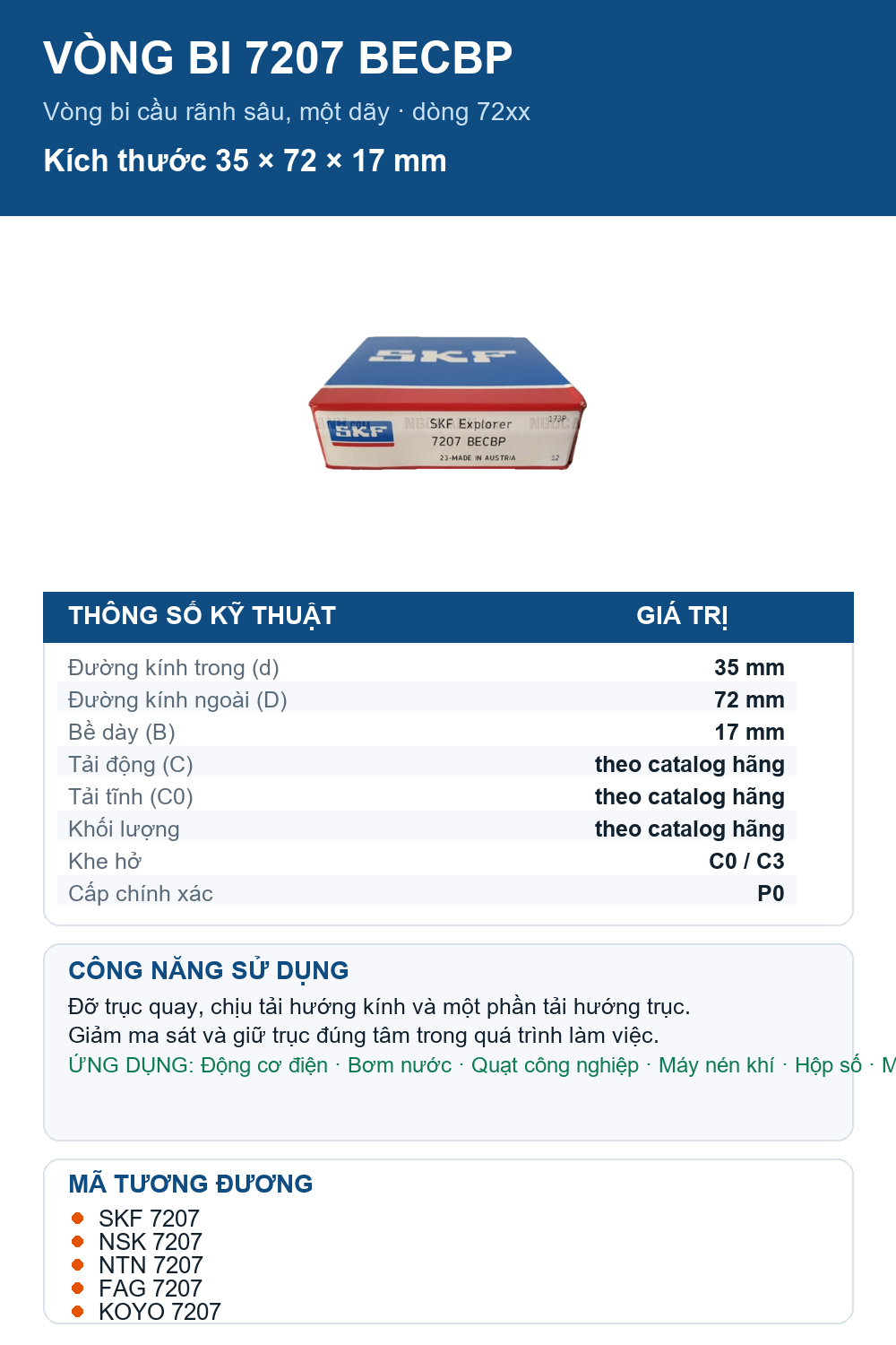 Vòng bi SKF 7207 BECBP 35x72x17mm — Ảnh thông số (Pinterest)