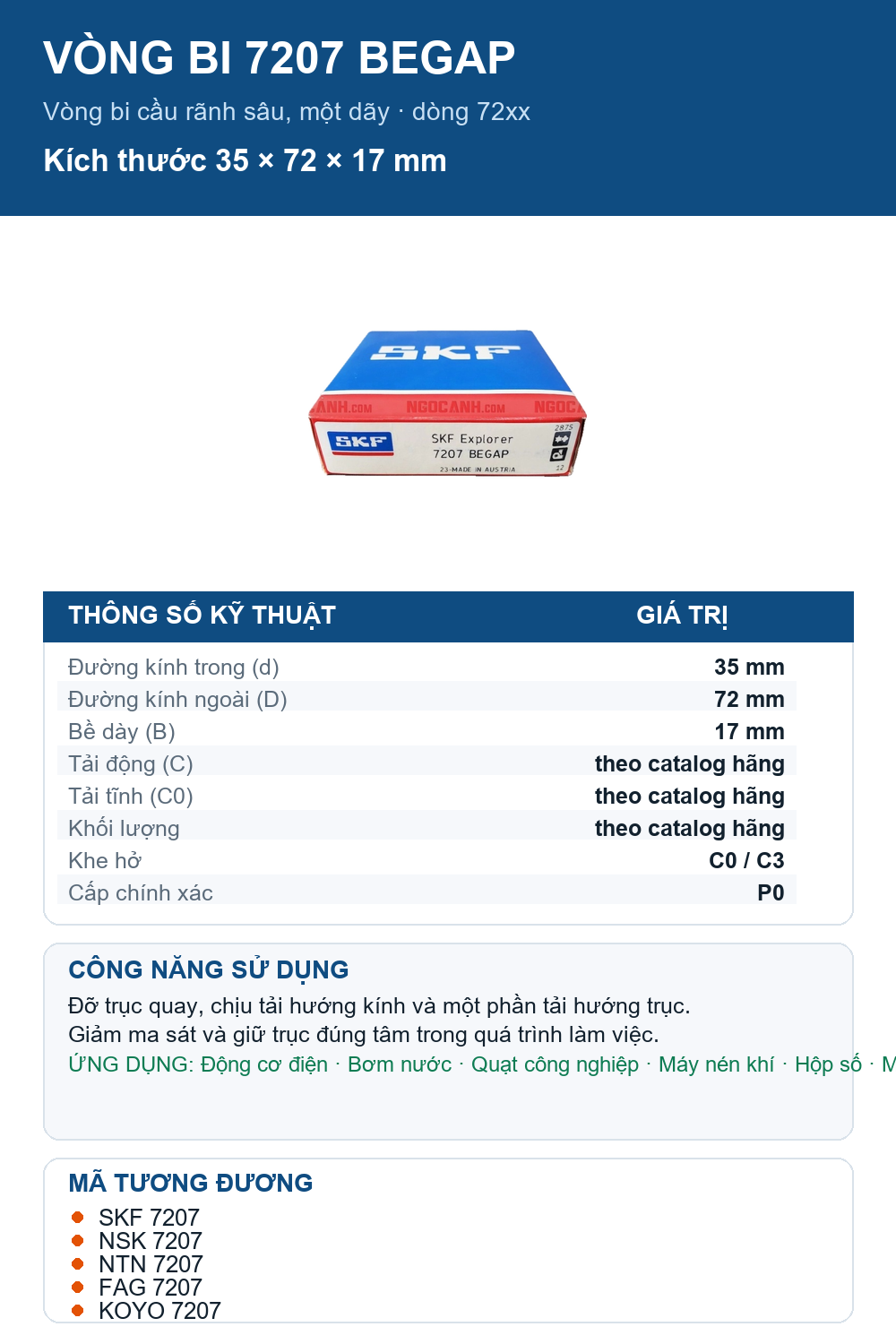 Vòng bi SKF 7207 BEGAP 35x72x17mm — Ảnh thông số (Pinterest)