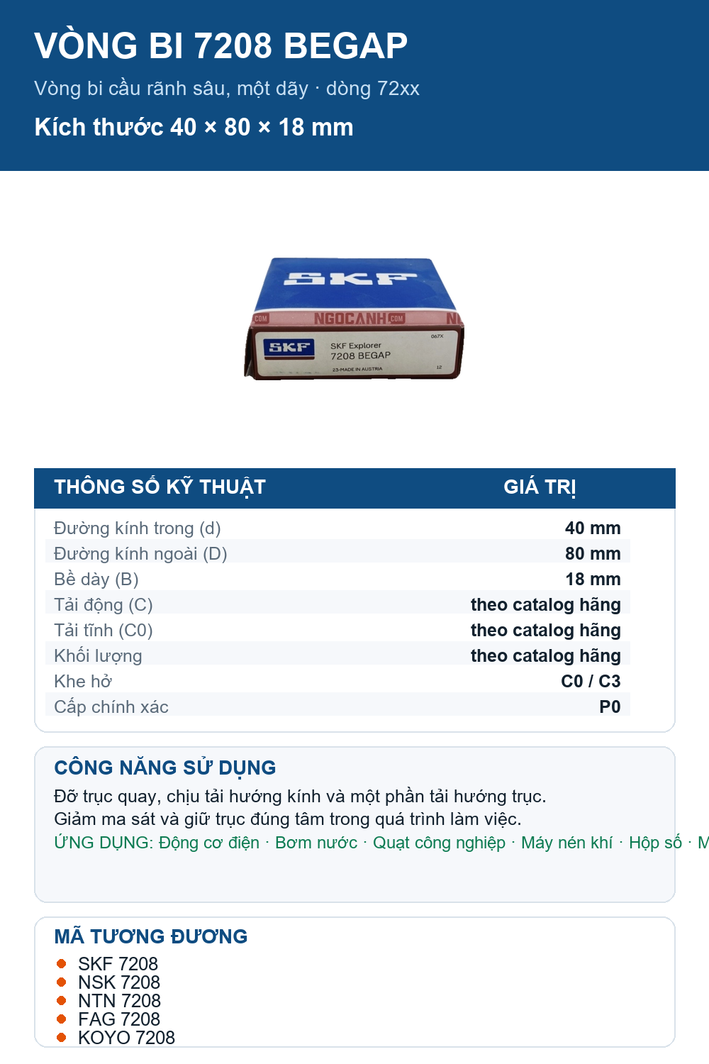 Vòng bi SKF 7208 BEGAP 40x80x18mm — Ảnh thông số (Pinterest)