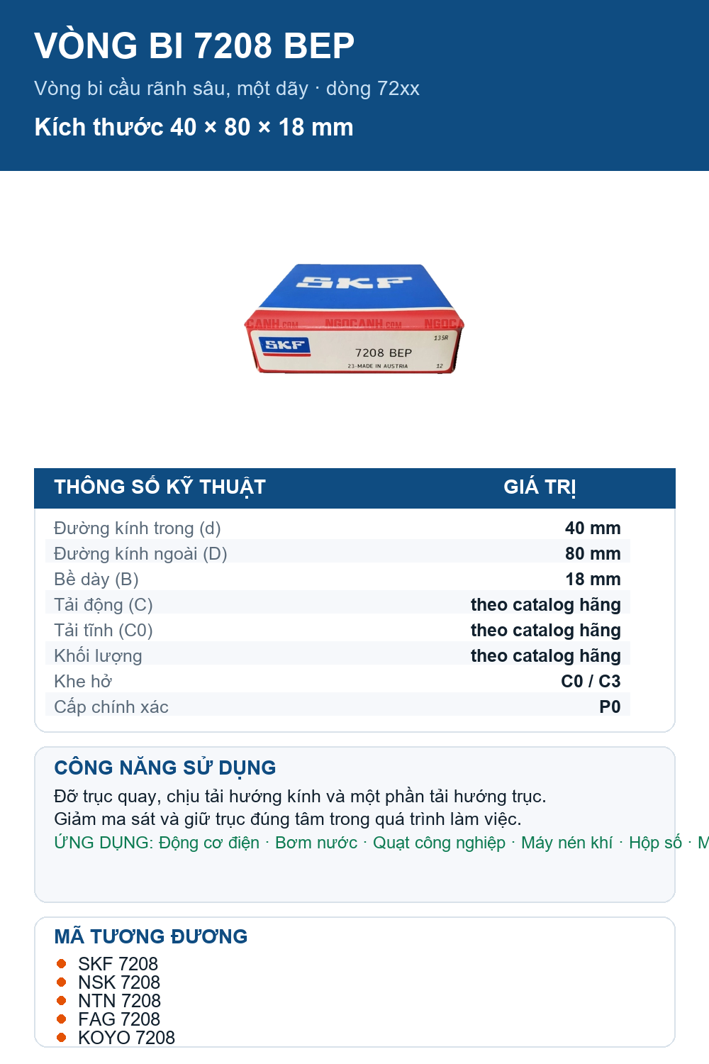 Vòng bi SKF 7208 BEP 40x80x18mm — Ảnh thông số (Pinterest)