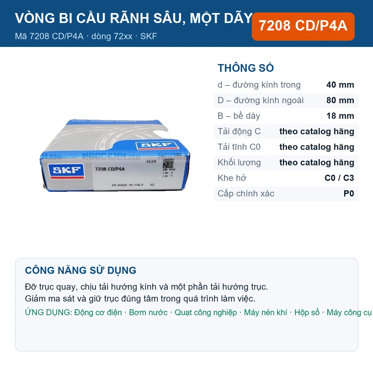Vòng bi SKF 7208 CD/P4A — kích thước 40x80x18mm