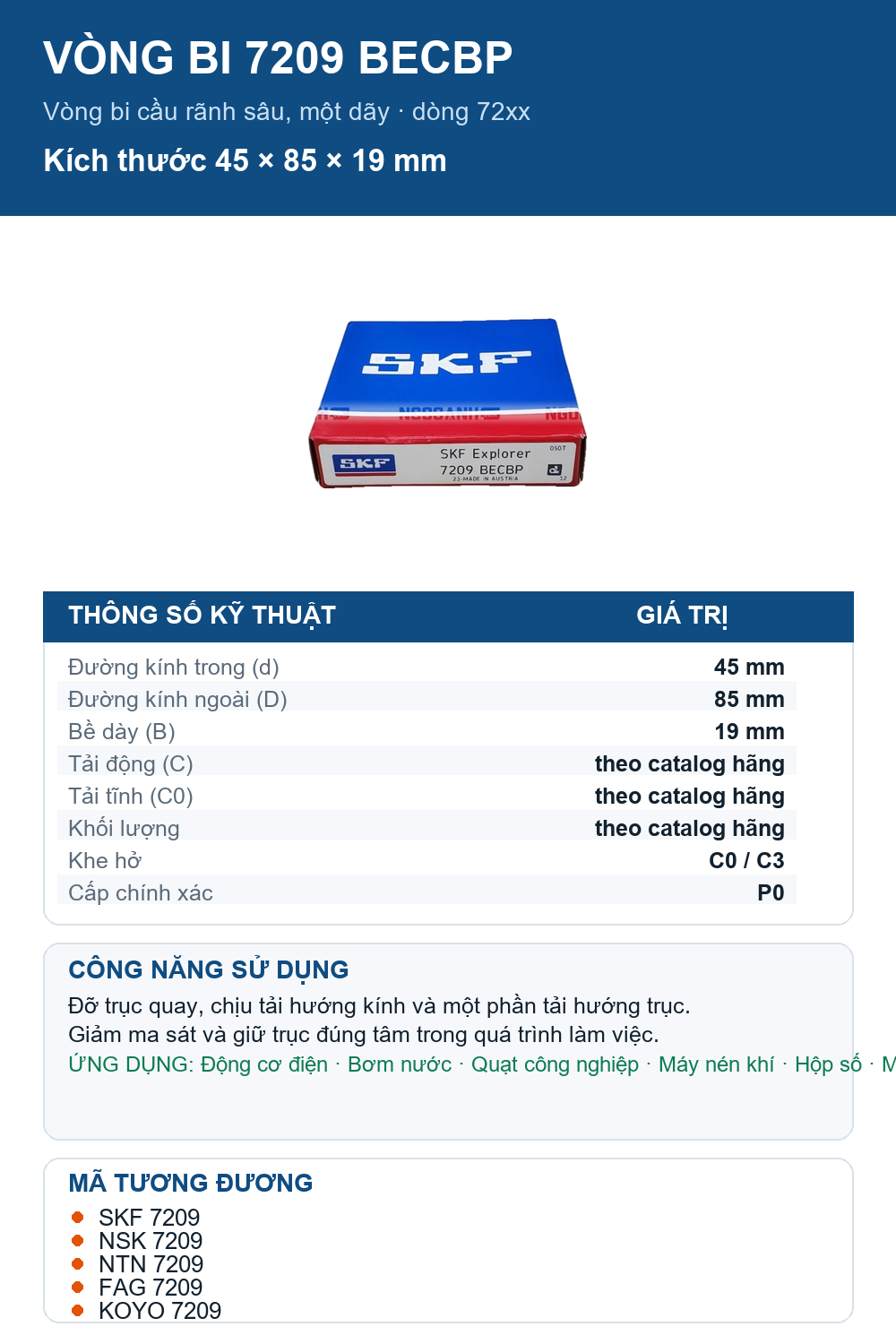 Vòng bi SKF 7209 BECBP 45x85x19mm — Ảnh thông số (Pinterest)