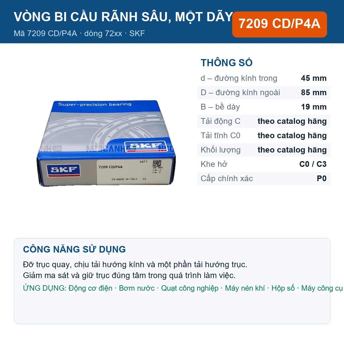 Vòng bi SKF 7209 CD/P4A — kích thước 45x85x19mm