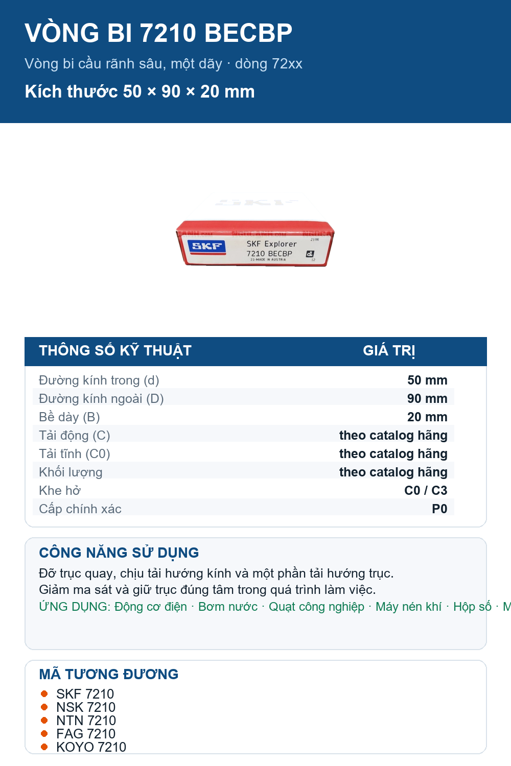 Vòng bi SKF 7210 BECBP 50x90x20mm — Ảnh thông số (Pinterest)