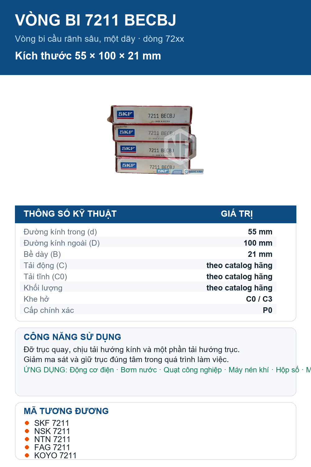 Vòng bi SKF 7211 BECBJ 55x100x21mm — Ảnh thông số (Pinterest)