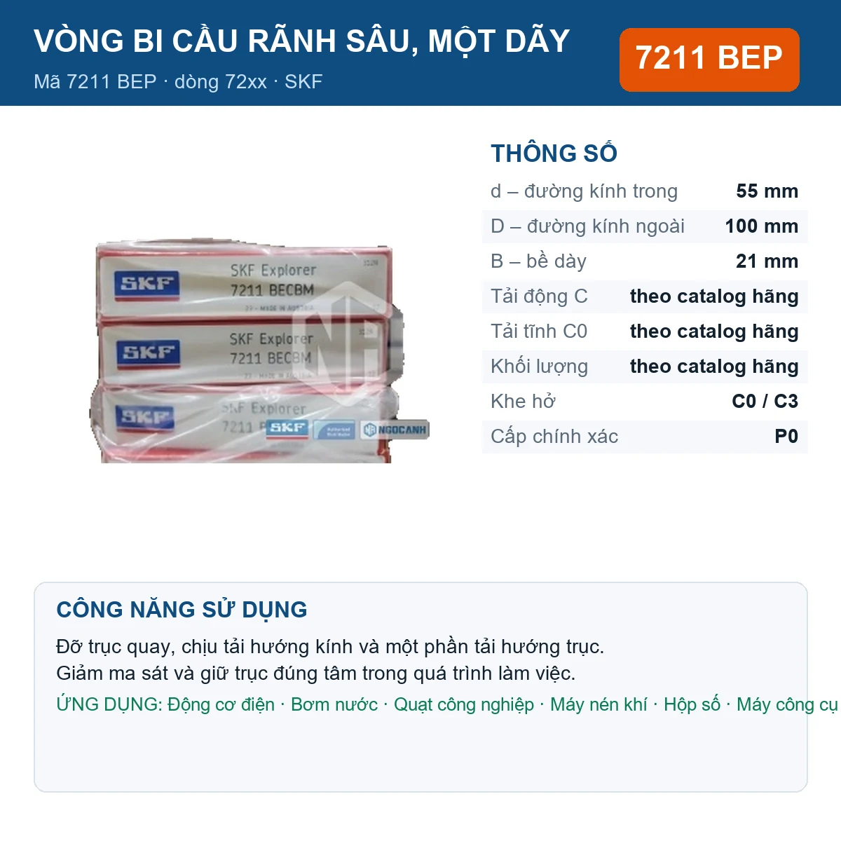 Vòng bi SKF 7211 BEP — kích thước 55x100x21mm