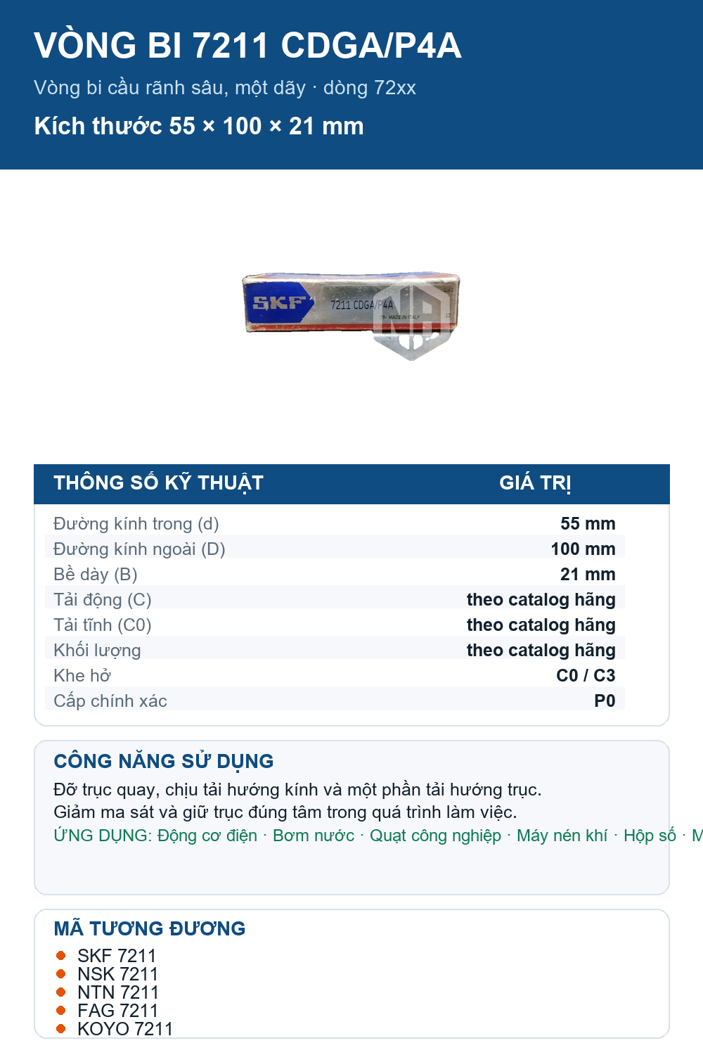 Vòng bi SKF 7211 CDGA/P4A 55x100x21mm — Ảnh thông số (Pinterest)