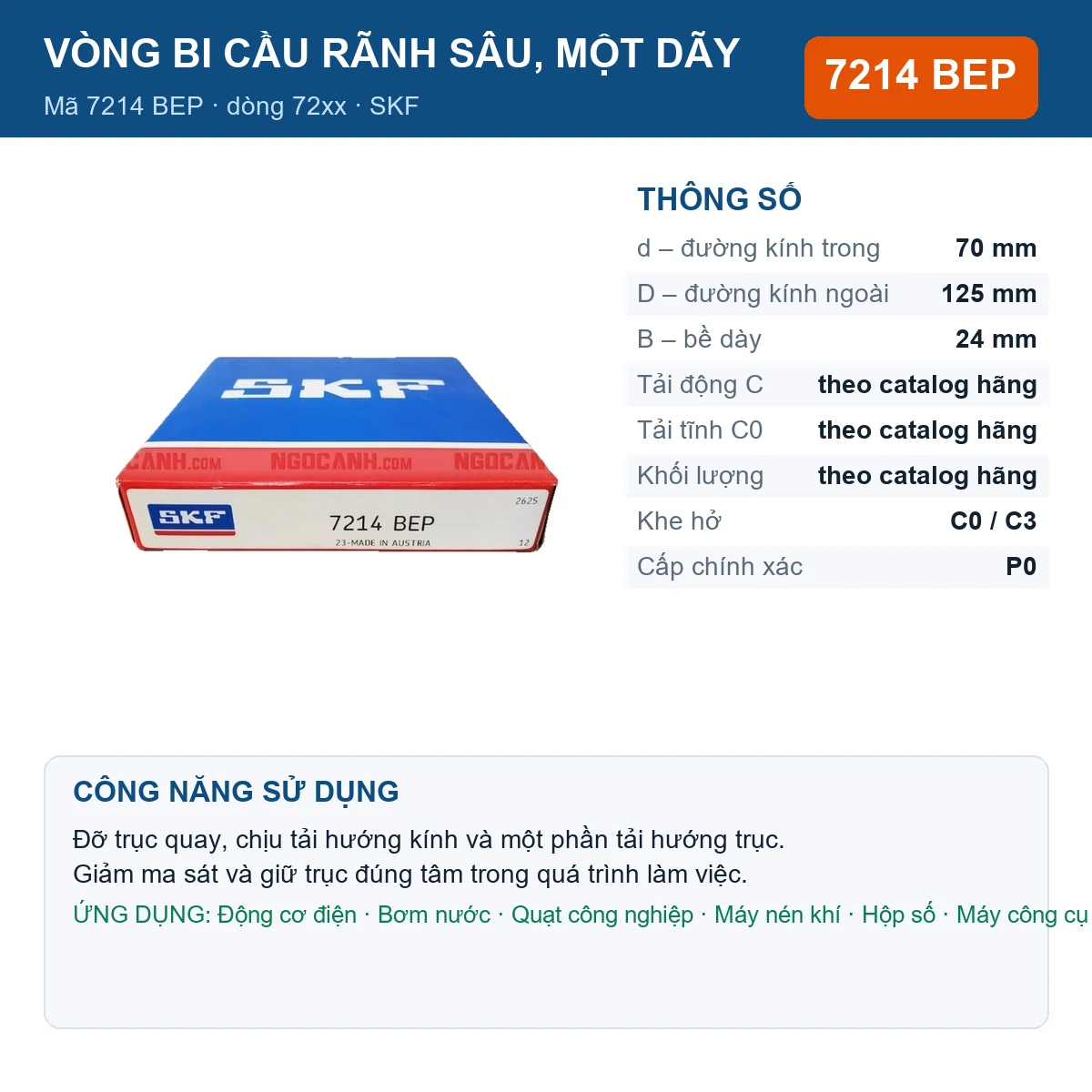 Vòng bi SKF 7214 BEP — kích thước 70x125x24mm