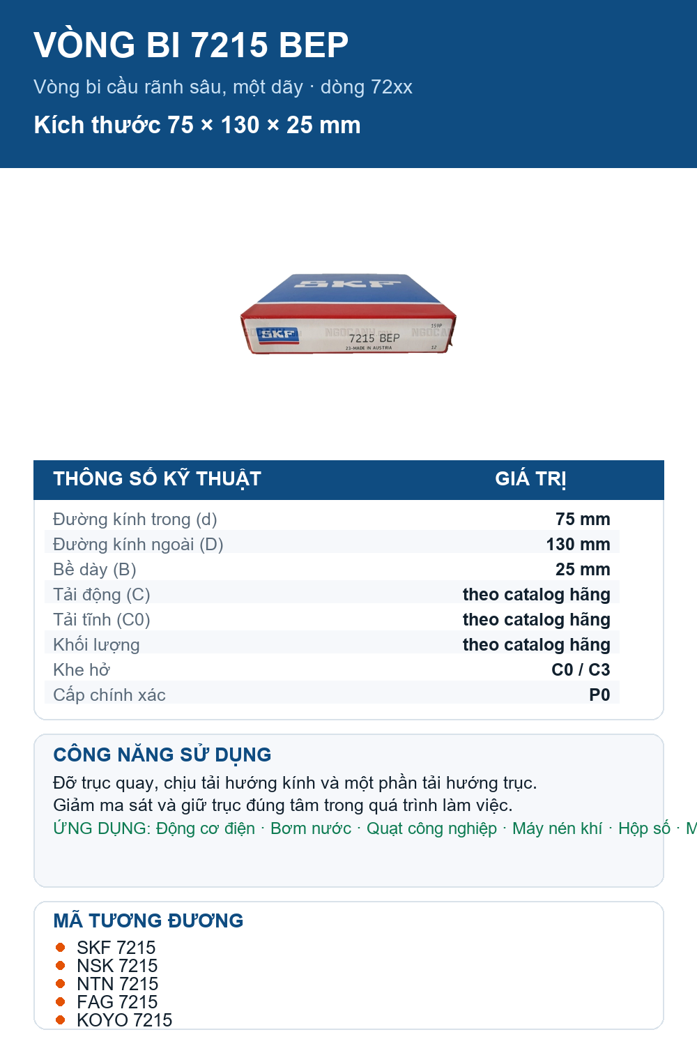 Vòng bi SKF 7215 BEP 75x130x25mm — Ảnh thông số (Pinterest)