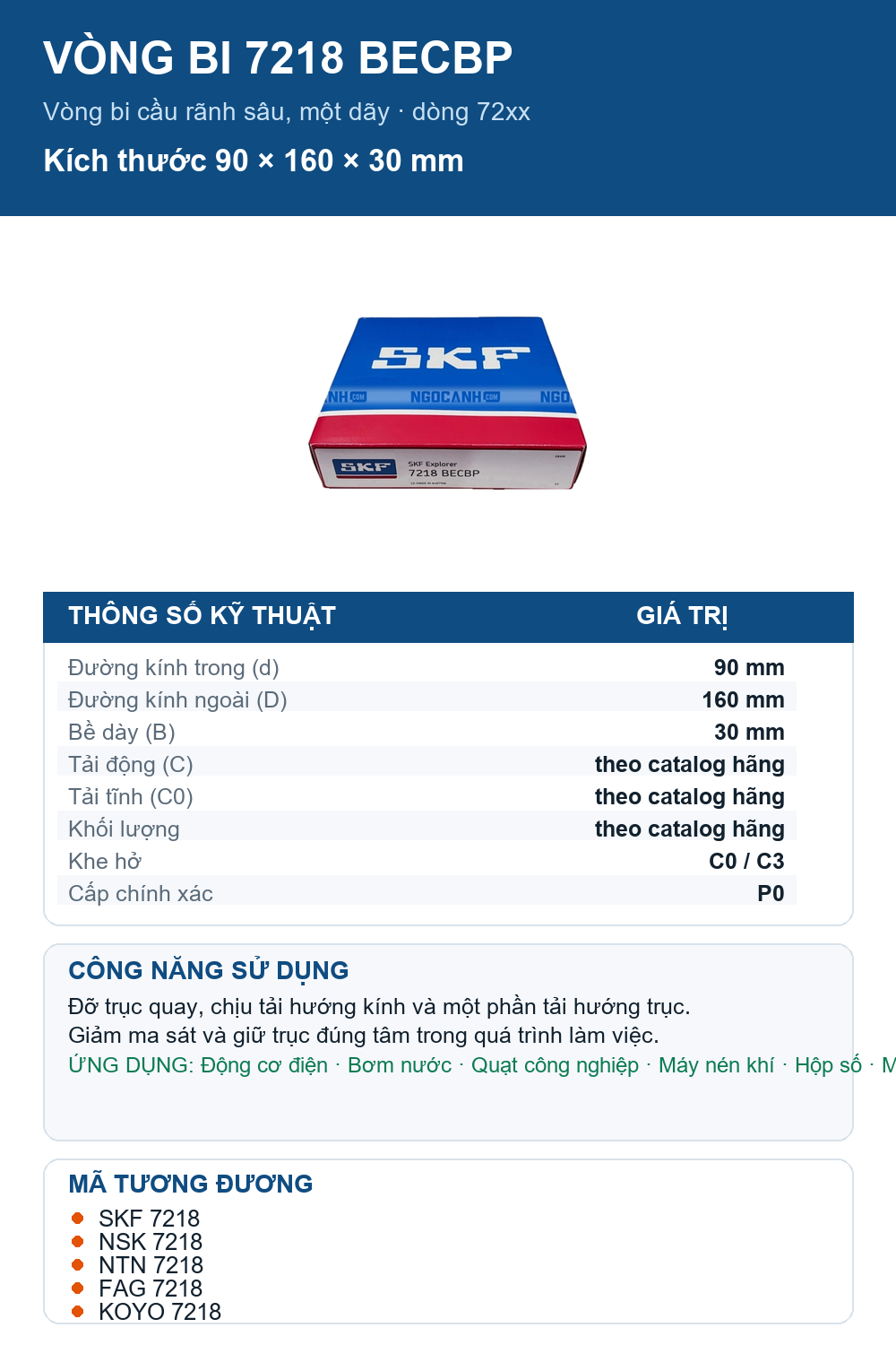 Vòng bi SKF 7218 BECBP 90x160x30mm — Ảnh thông số (Pinterest)