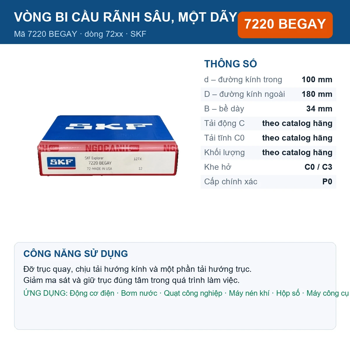 Vòng bi SKF 7220 BEGAY — kích thước 100x180x34mm