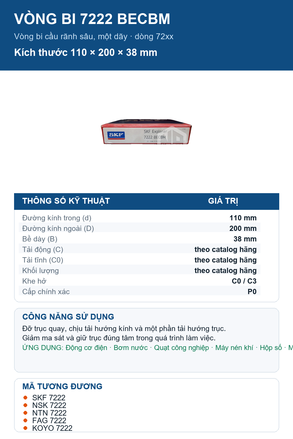 Vòng bi SKF 7222 BECBM 110x200x38mm — Ảnh thông số (Pinterest)