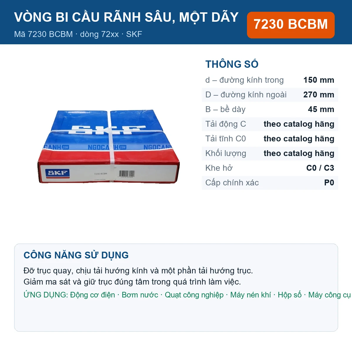 Vòng bi SKF 7230 BCBM — kích thước 150x270x45mm