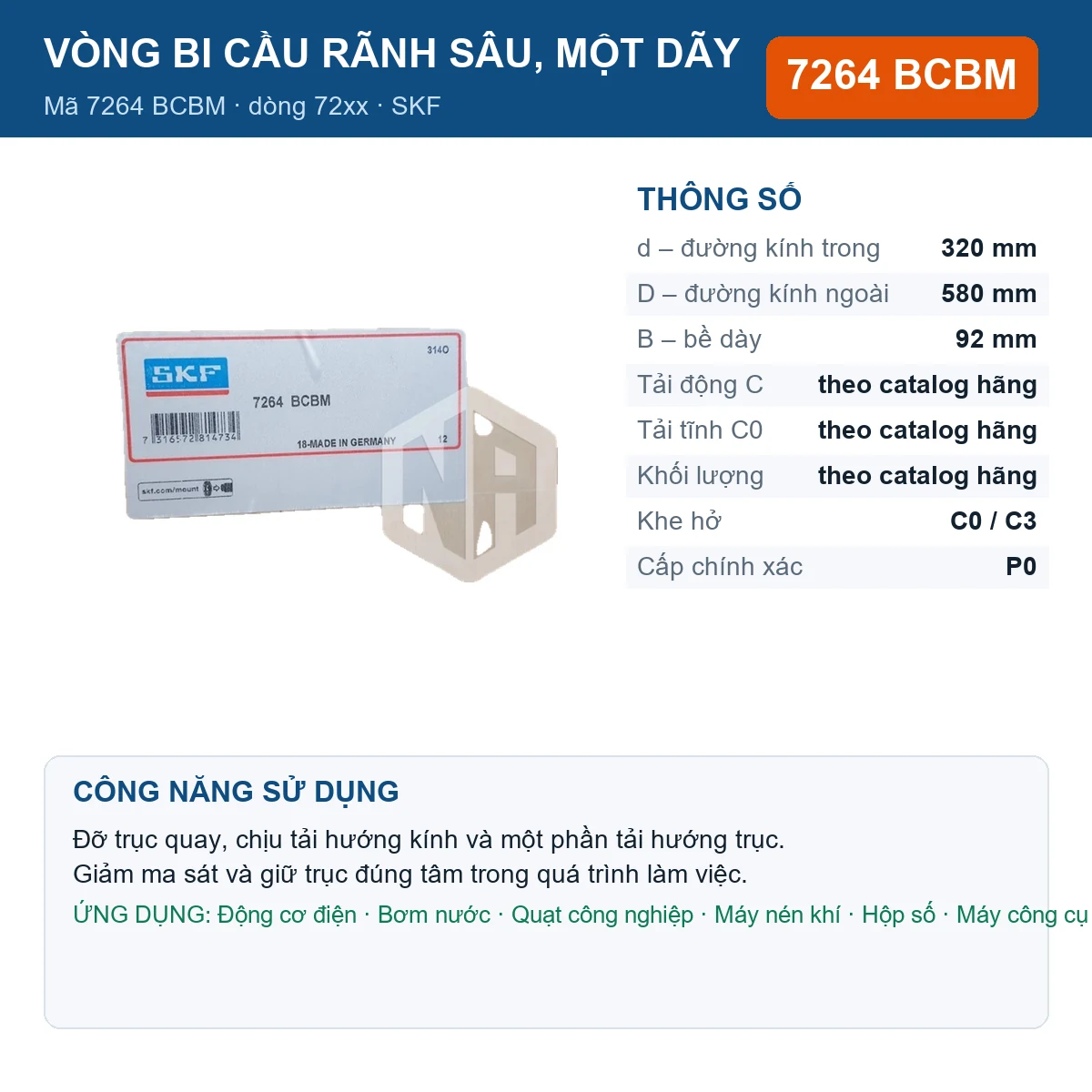 Vòng bi SKF 7264 BCBM — kích thước 320x580x92mm