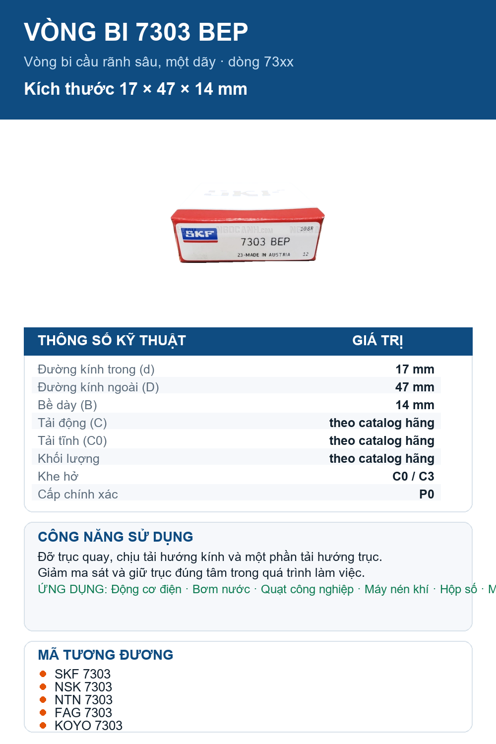 Vòng bi SKF 7303 BEP 17x47x14mm — Ảnh thông số (Pinterest)