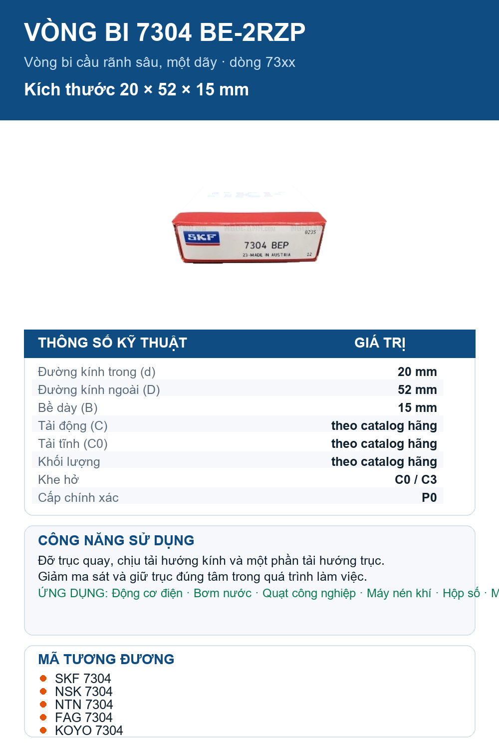 Vòng bi SKF 7304 BE-2RZP 20x52x15mm — Ảnh thông số (Pinterest)