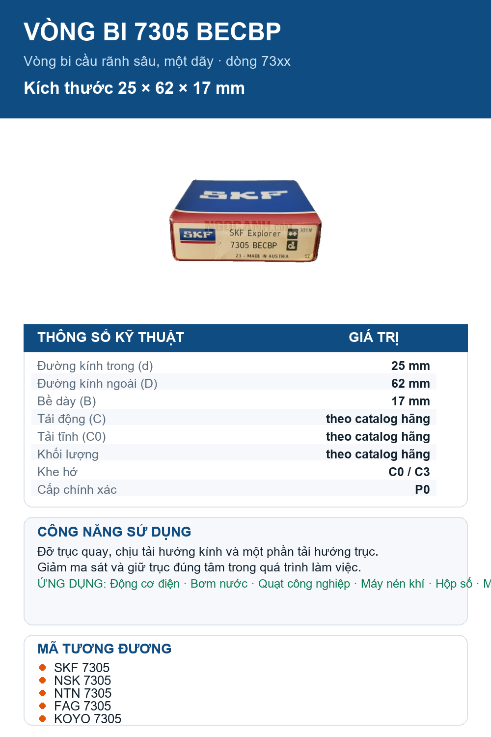 Vòng bi SKF 7305 BECBP 25x62x17mm — Ảnh thông số (Pinterest)