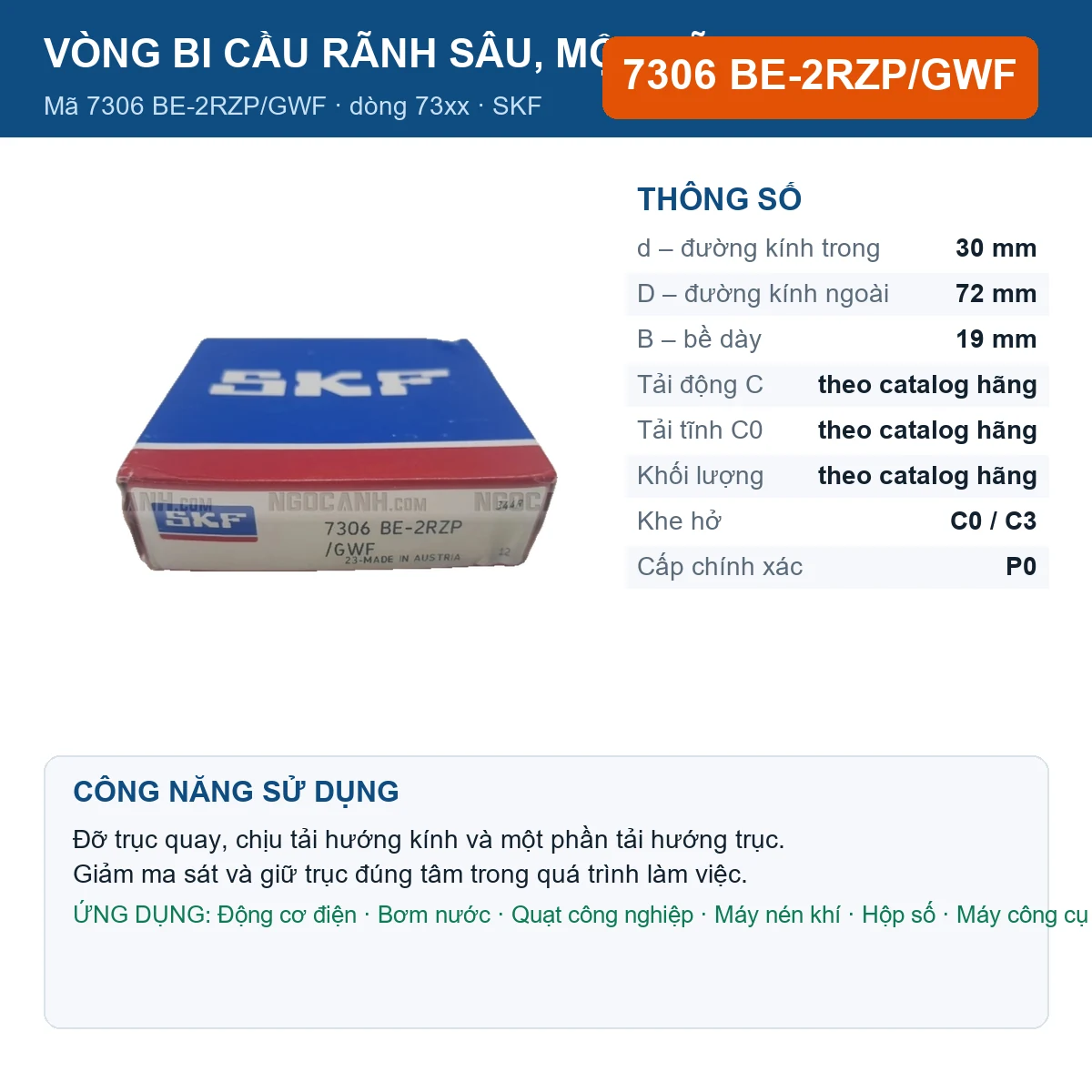 Vòng bi SKF 7306 BE-2RZP/GWF — kích thước 30x72x19mm