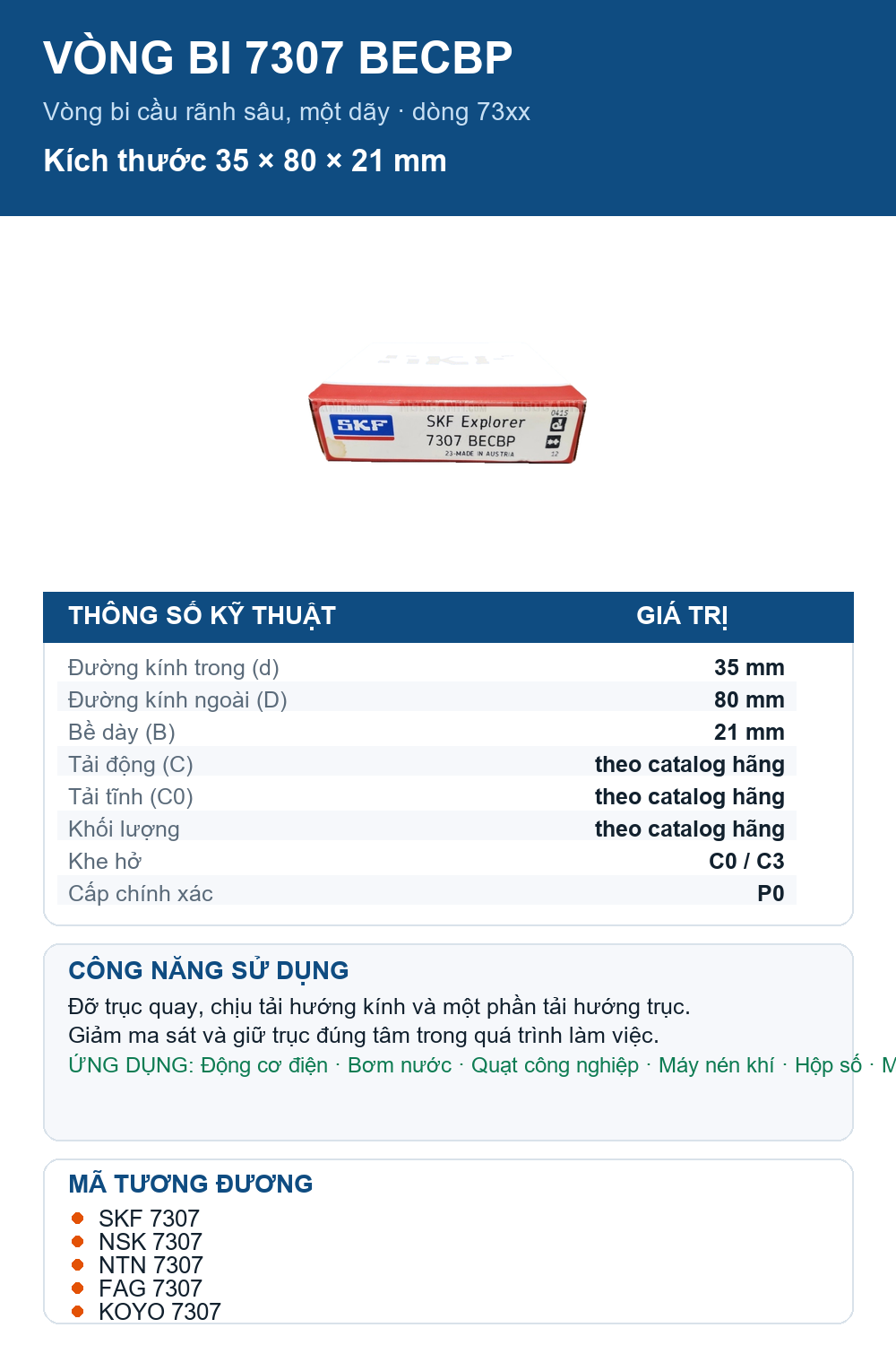 Vòng bi SKF 7307 BECBP 35x80x21mm — Ảnh thông số (Pinterest)