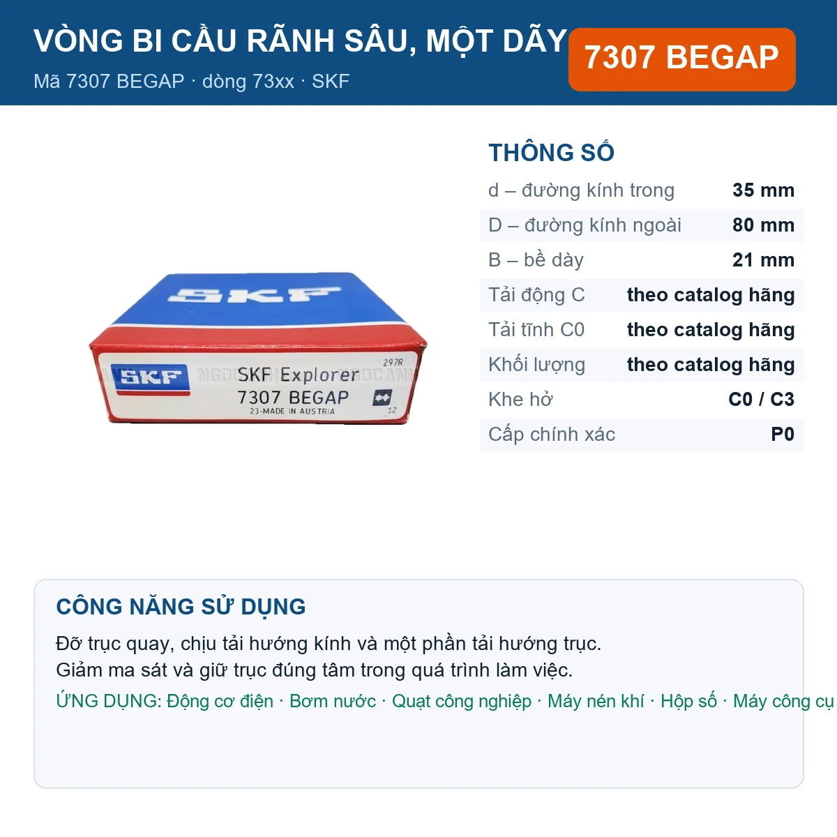 Vòng bi SKF 7307 BEGAP — kích thước 35x80x21mm