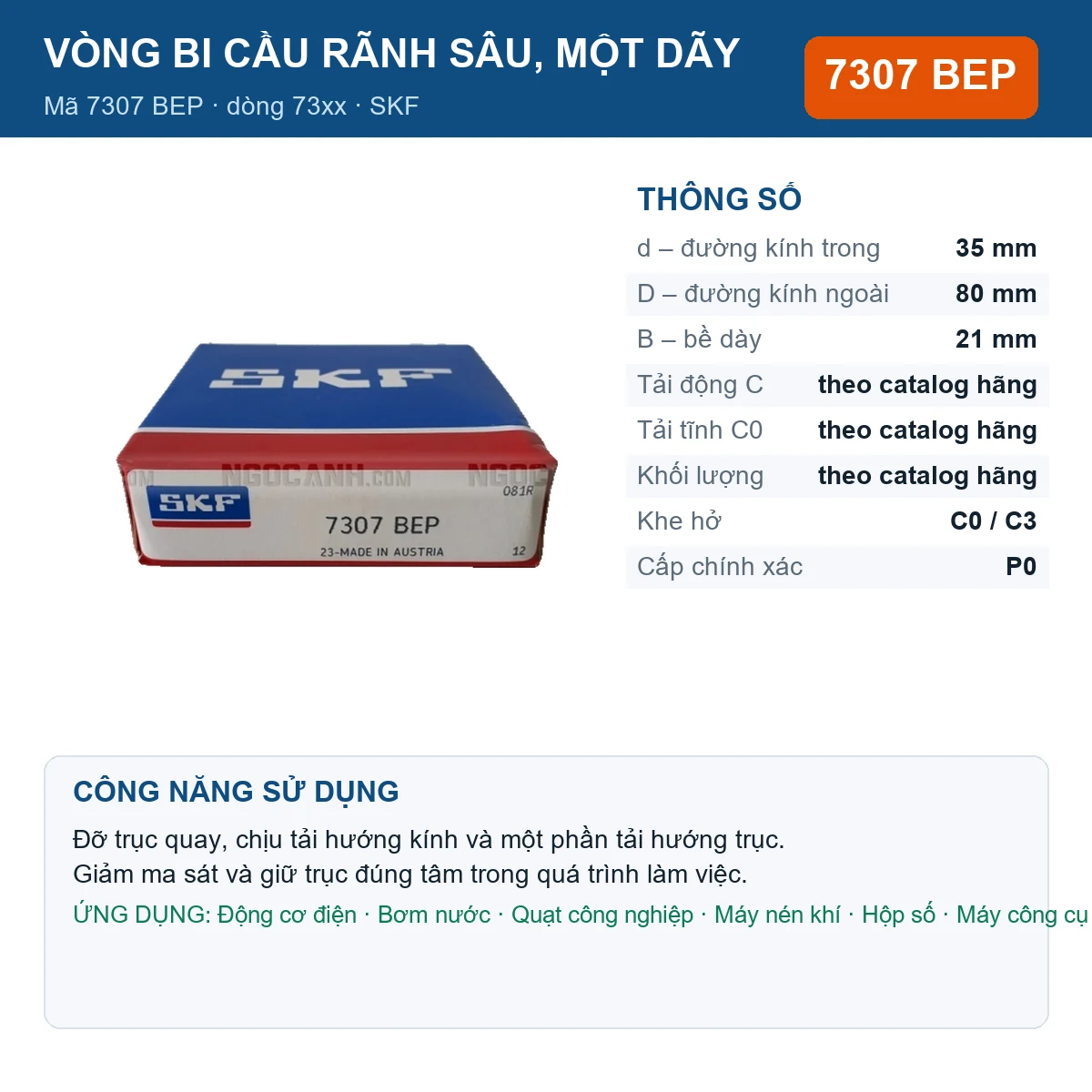 Vòng bi SKF 7307 BEP — kích thước 35x80x21mm