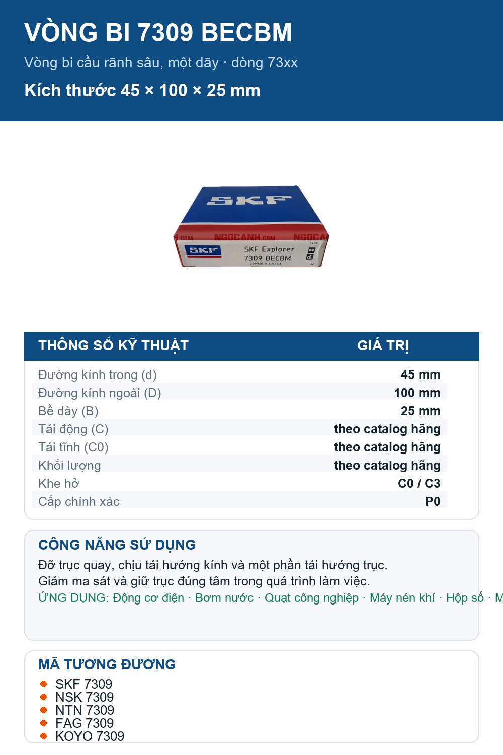 Vòng bi SKF 7309 BECBM 45x100x25mm — Ảnh thông số (Pinterest)