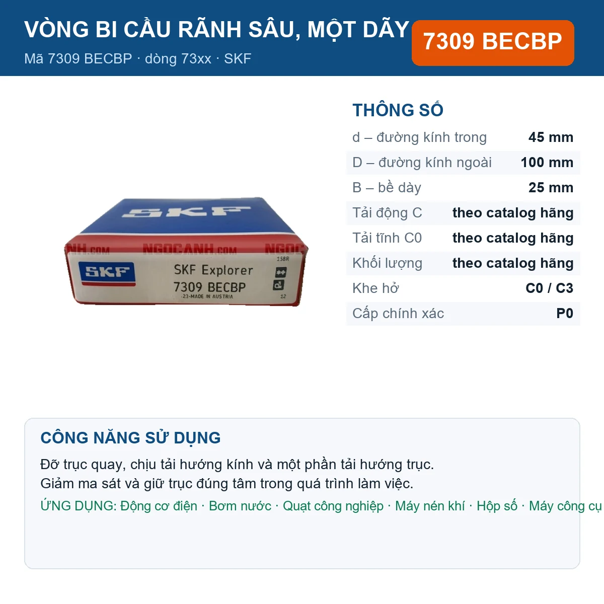 Vòng bi SKF 7309 BECBP — kích thước 45x100x25mm