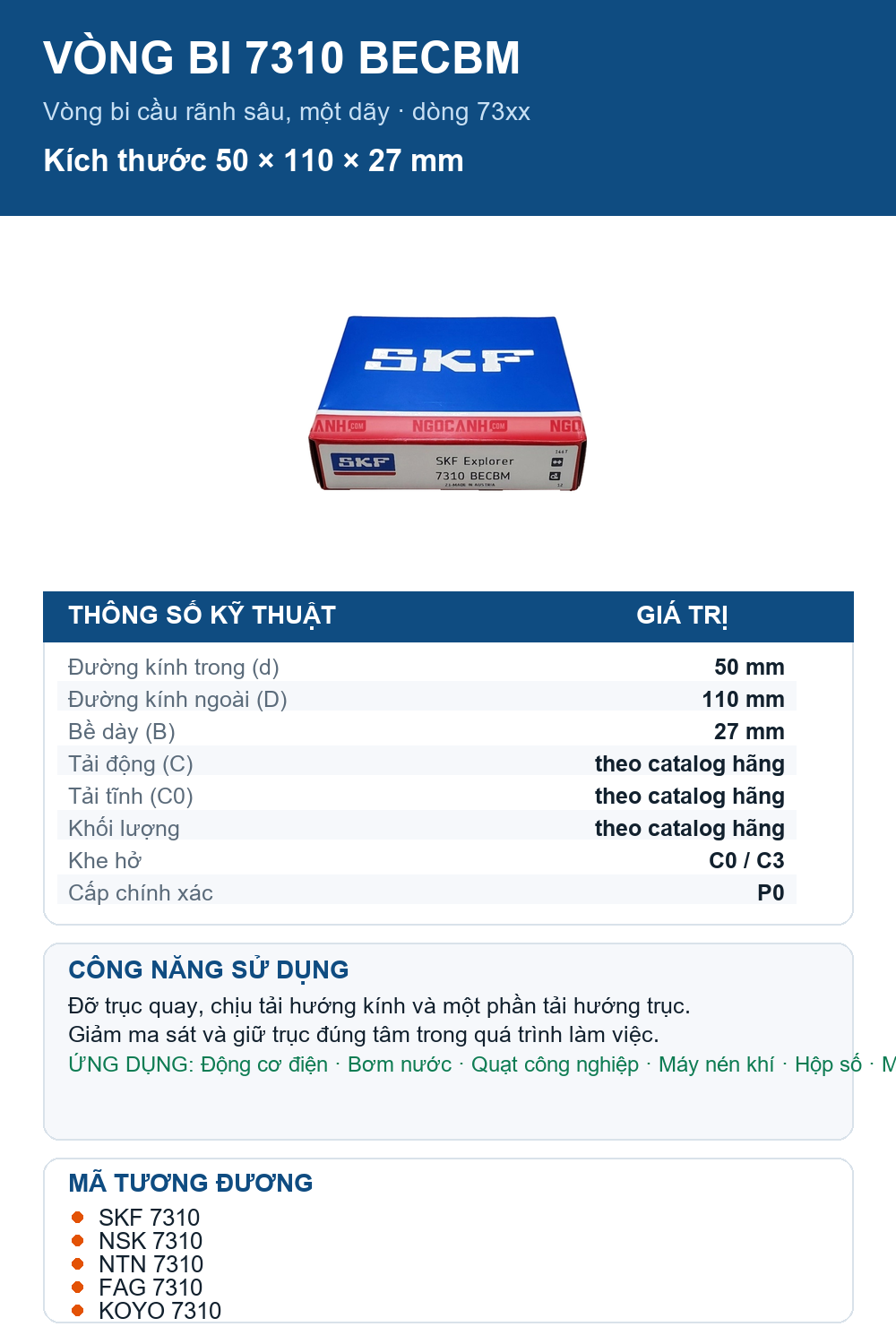 Vòng bi SKF 7310 BECBM 50x110x27mm — Ảnh thông số (Pinterest)