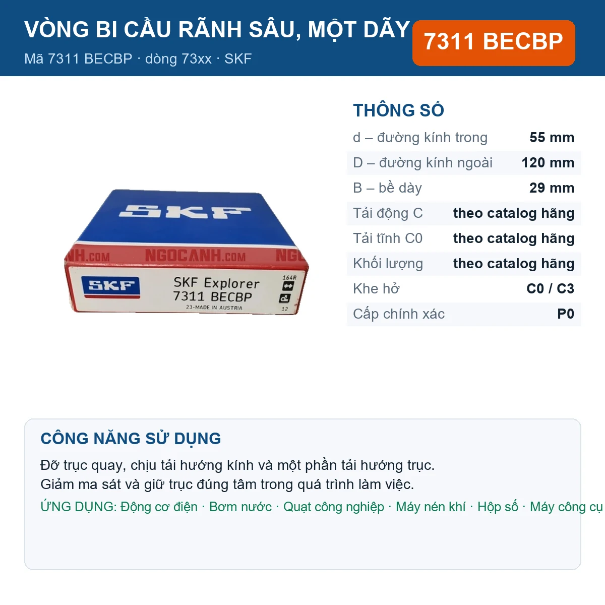 Vòng bi SKF 7311 BECBP — kích thước 55x120x29mm