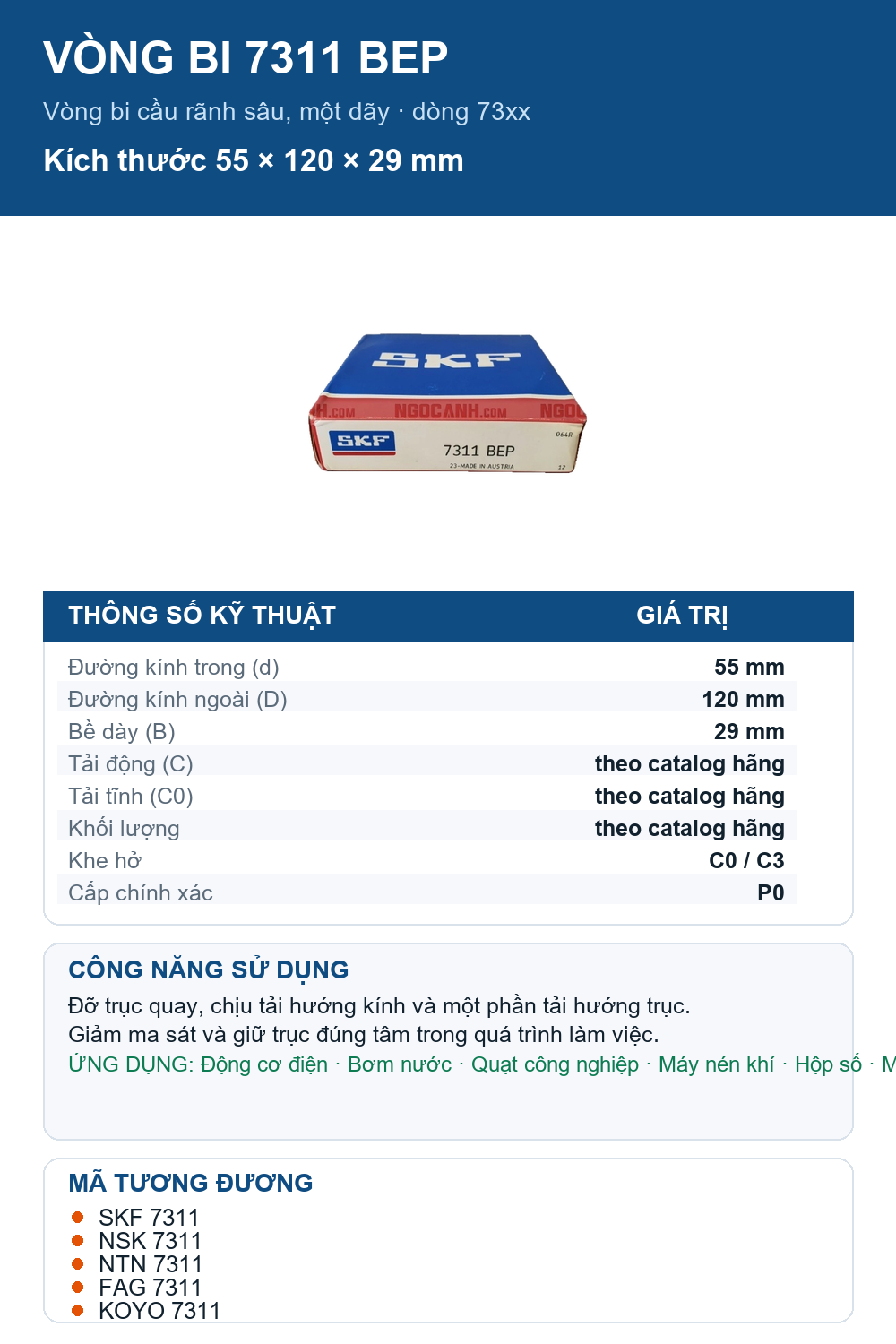 Vòng bi SKF 7311 BEP 55x120x29mm — Ảnh thông số (Pinterest)
