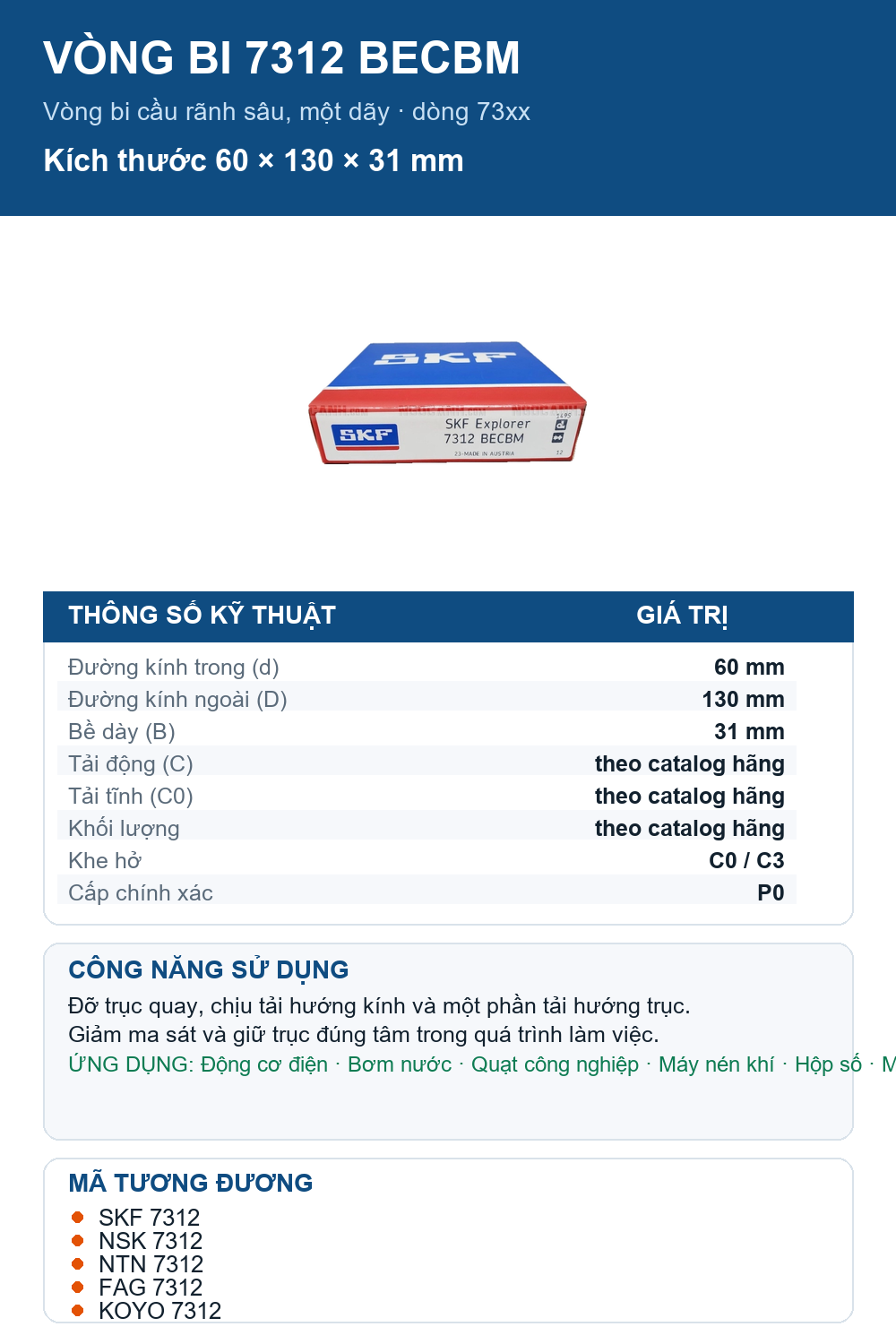 Vòng bi SKF 7312 BECBM 60x130x31mm — Ảnh thông số (Pinterest)