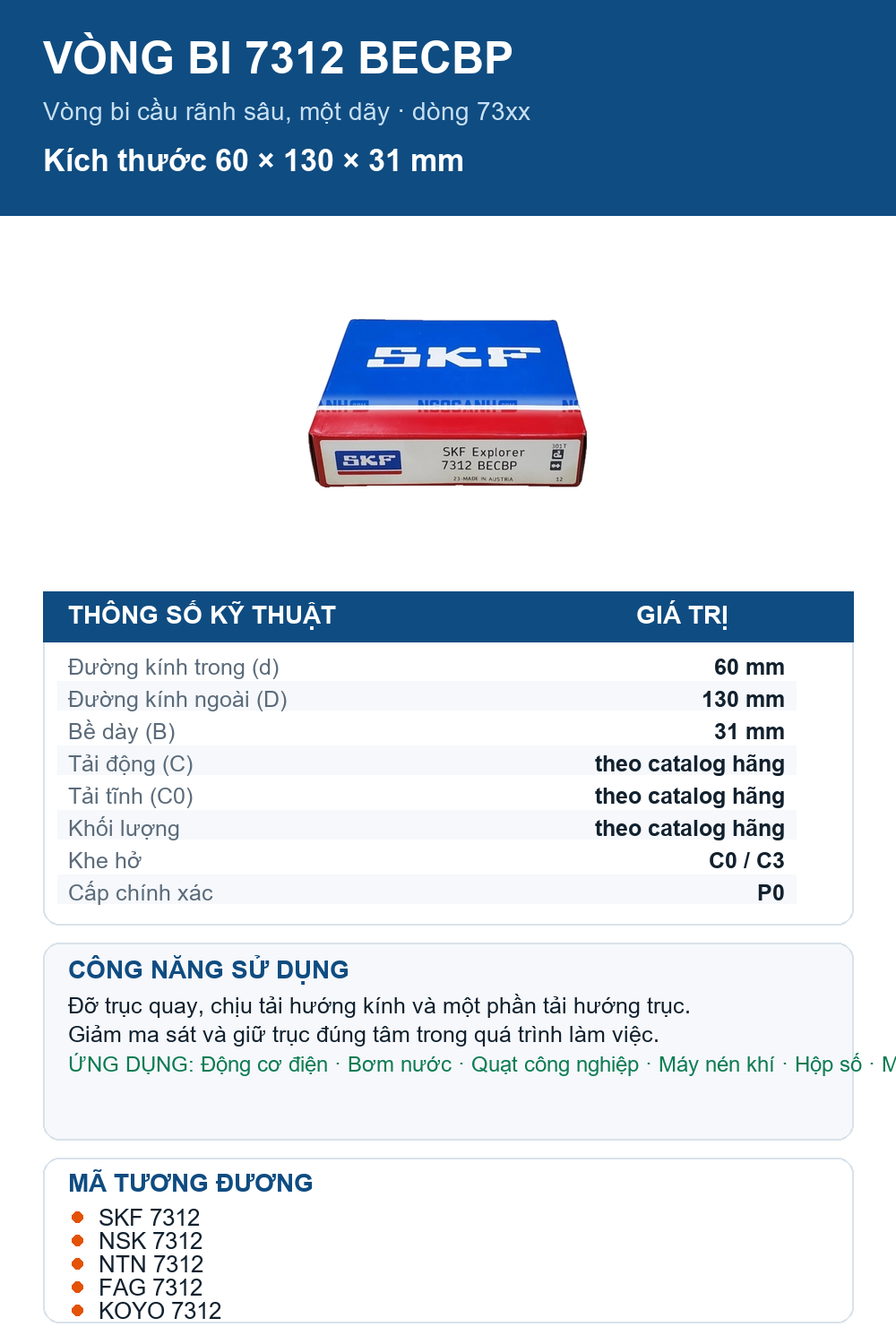 Vòng bi SKF 7312 BECBP 60x130x31mm — Ảnh thông số (Pinterest)