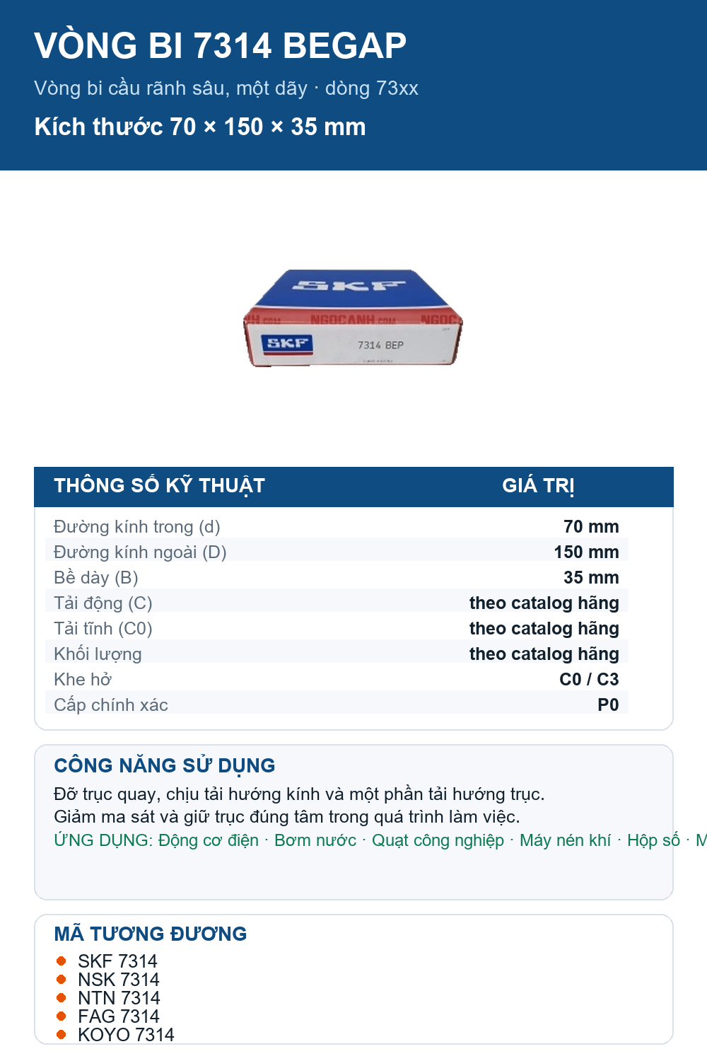 Vòng bi SKF 7314 BEGAP 70x150x35mm — Ảnh thông số (Pinterest)