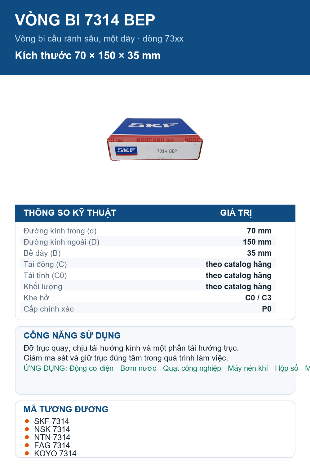 Vòng bi SKF 7314 BEP 70x150x35mm — Ảnh thông số (Pinterest)