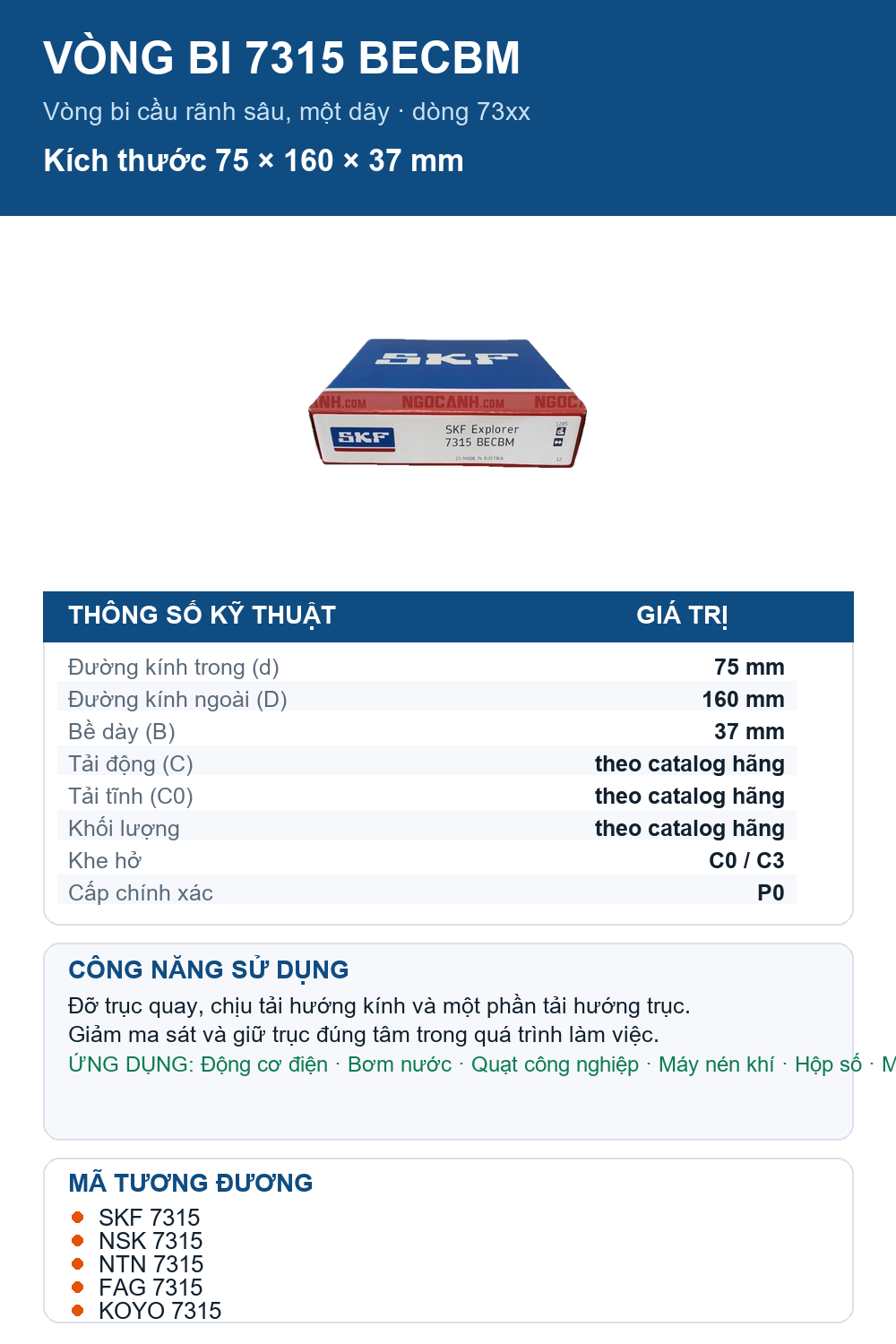 Vòng bi SKF 7315 BECBM 75x160x37mm — Ảnh thông số (Pinterest)