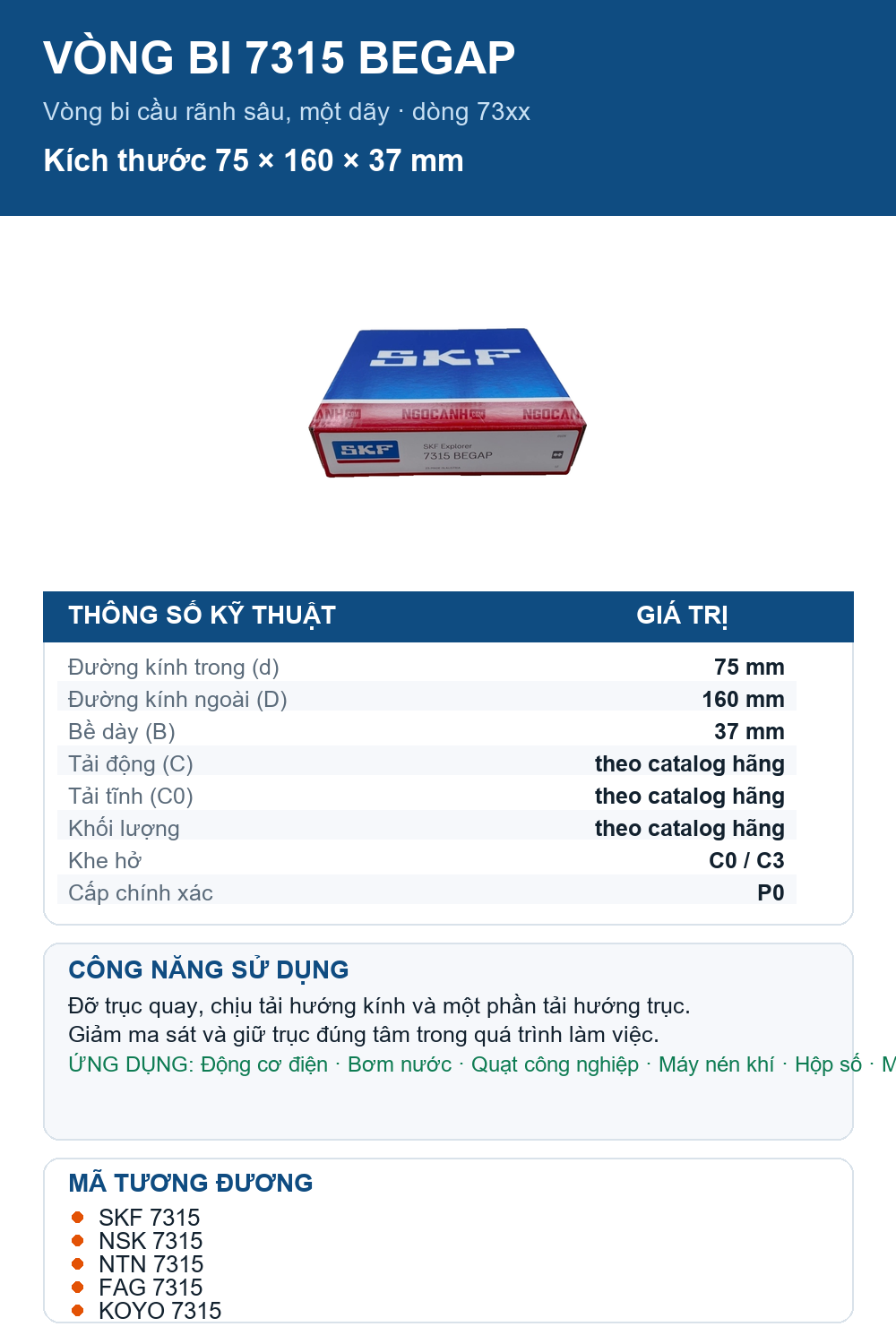 Vòng bi SKF 7315 BEGAP 75x160x37mm — Ảnh thông số (Pinterest)
