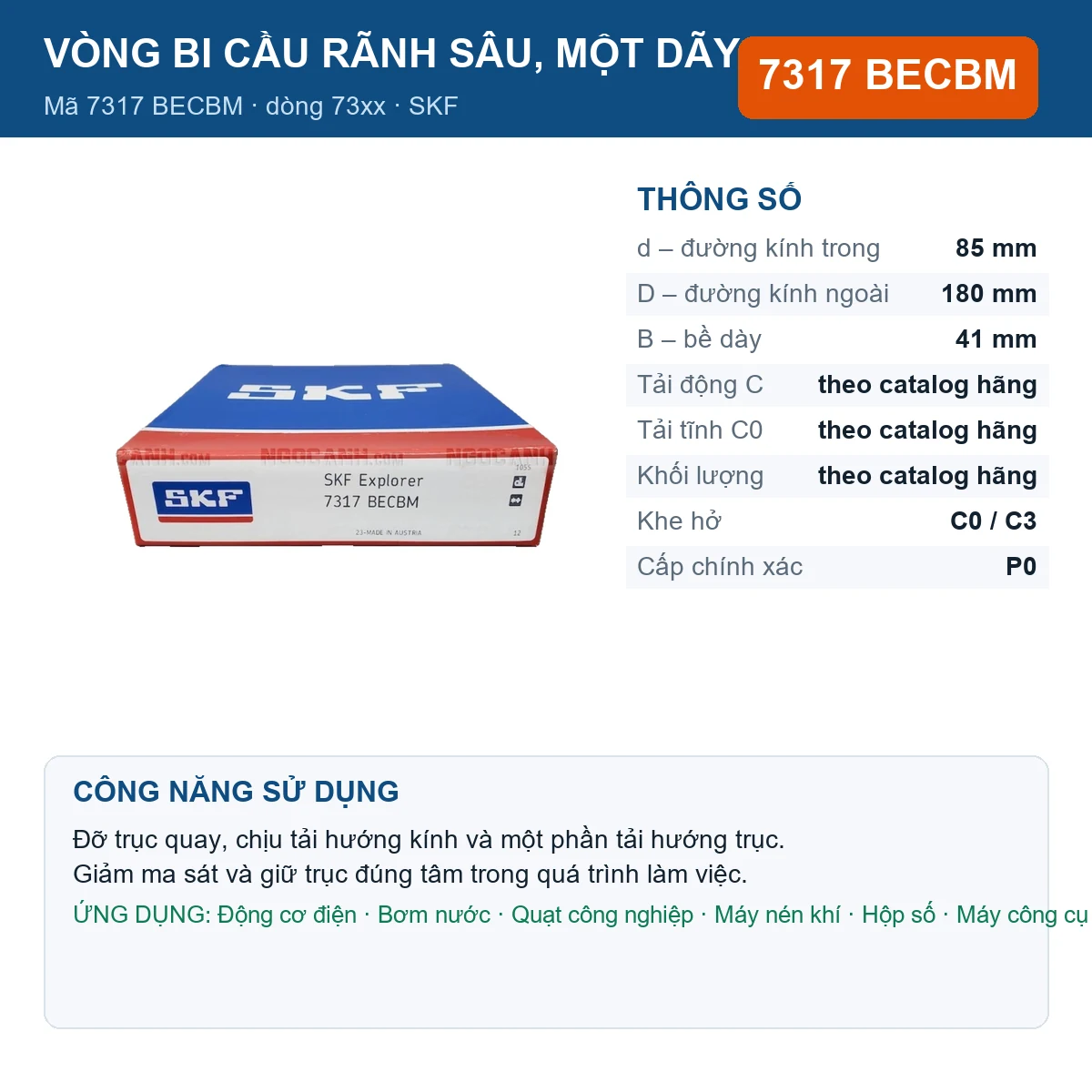 Vòng bi SKF 7317 BECBM — kích thước 85x180x41mm