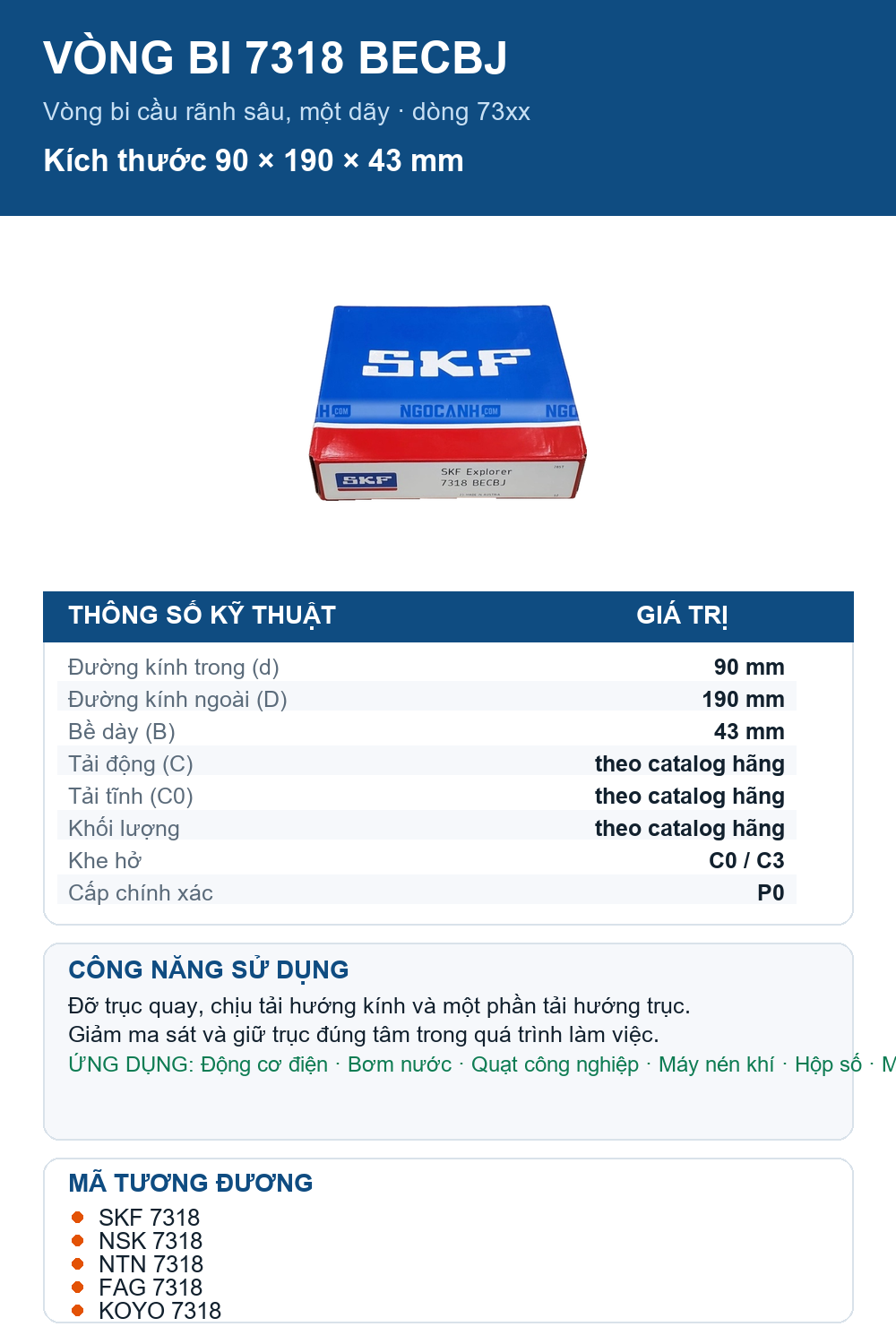 Vòng bi SKF 7318 BECBJ 90x190x43mm — Ảnh thông số (Pinterest)