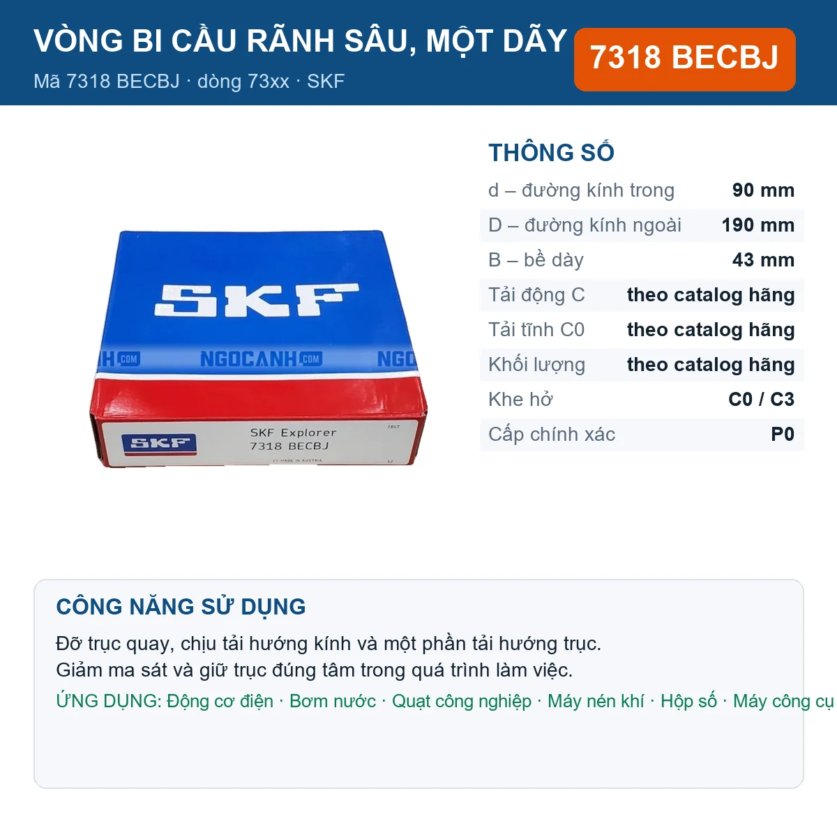 Vòng bi SKF 7318 BECBJ — kích thước 90x190x43mm