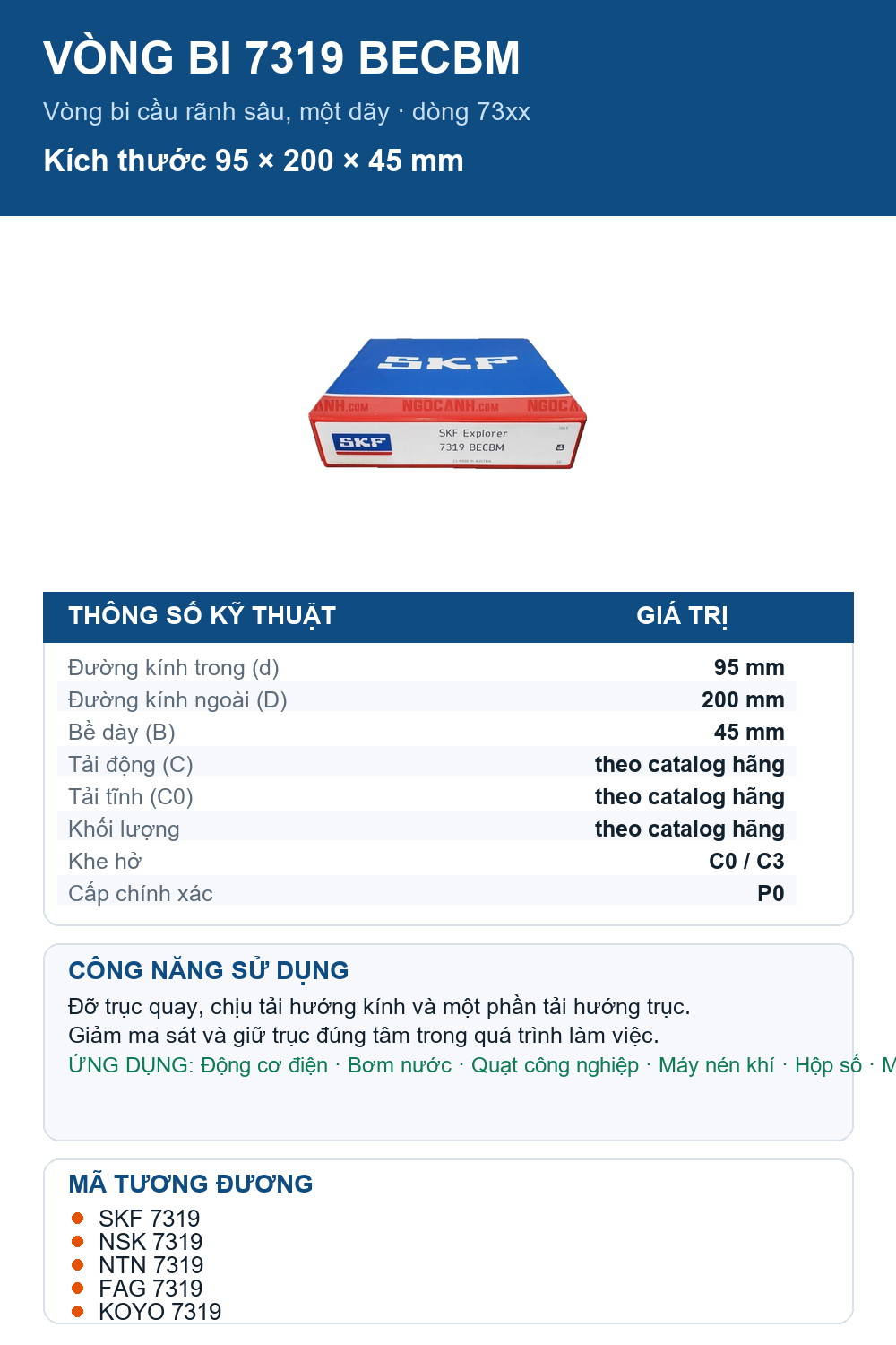 Vòng bi SKF 7319 BECBM 95x200x45mm — Ảnh thông số (Pinterest)