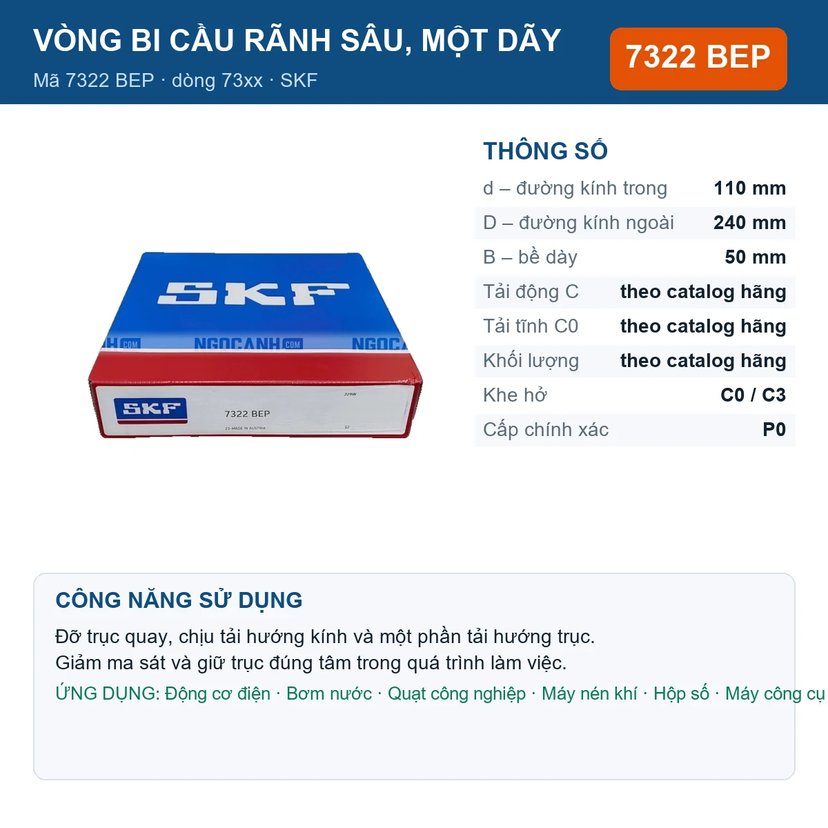 Vòng bi SKF 7322 BEP — kích thước 110x240x50mm