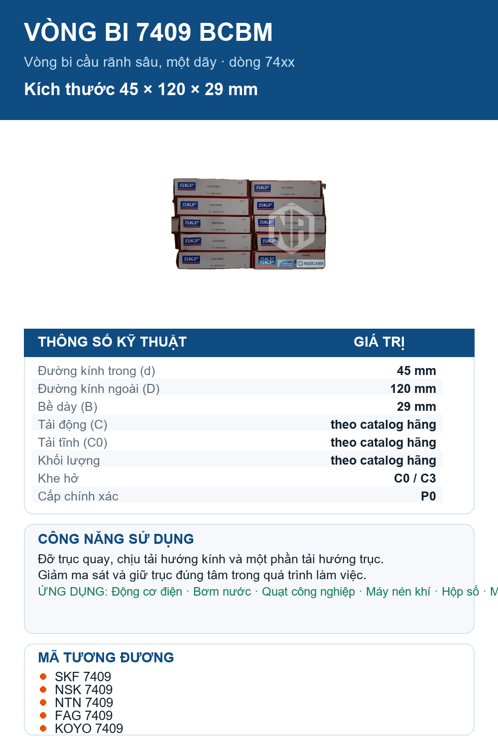 Vòng bi SKF 7409 BCBM 45x120x29mm — Ảnh thông số (Pinterest)