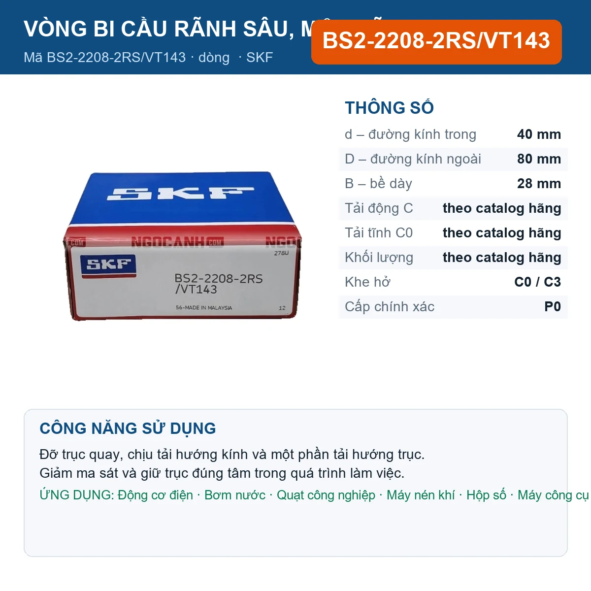 Vòng bi SKF BS2-2208-2RS/VT143 40x80x28mm — Ảnh đăng sản phẩm (web)