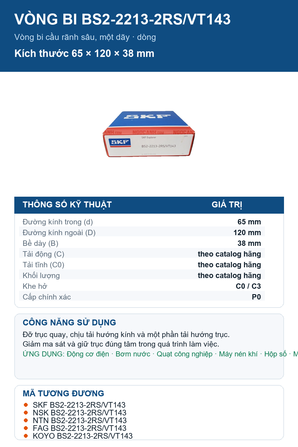 Vòng bi SKF BS2-2213-2RS/VT143 65x120x38mm — Ảnh thông số (Pinterest)