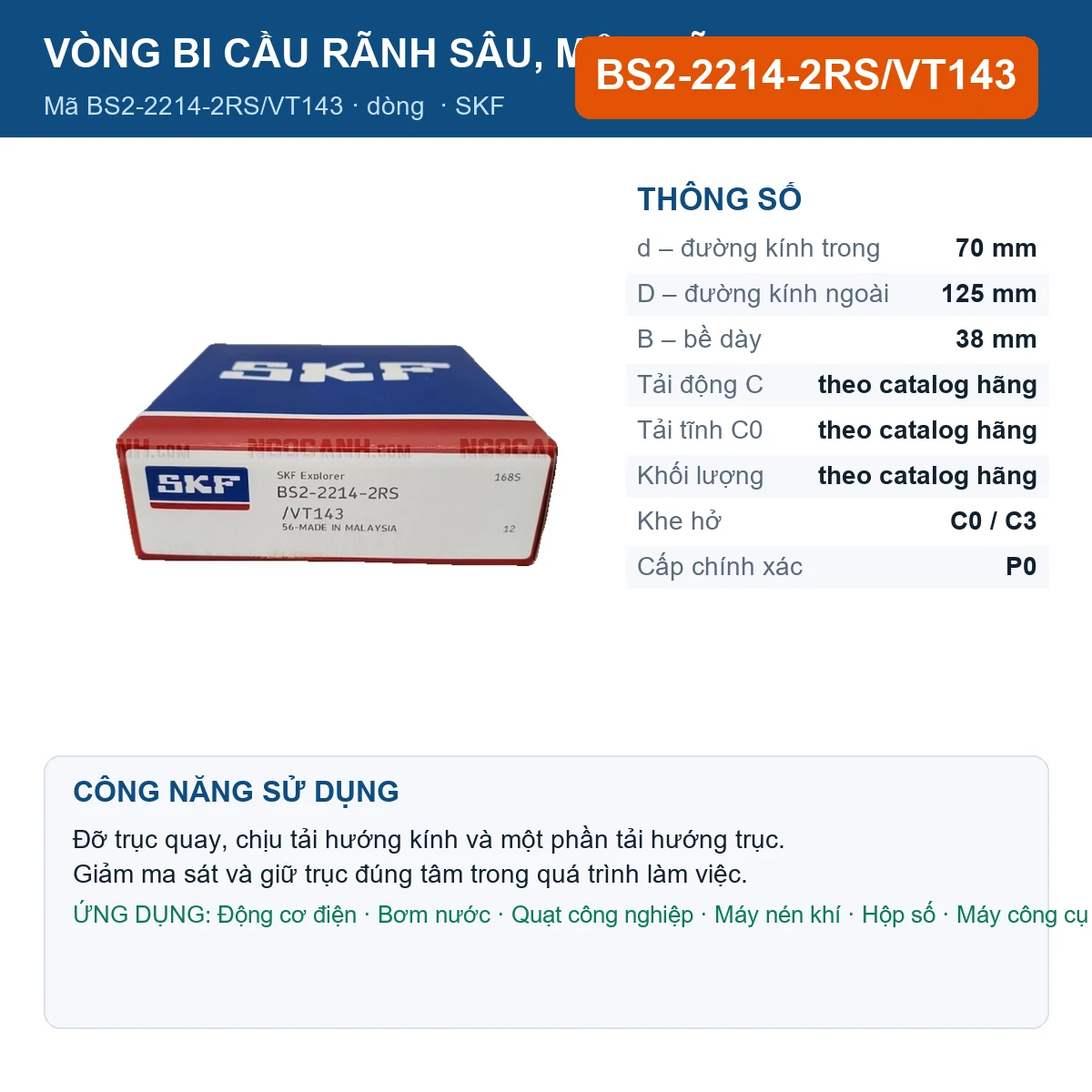 Vòng bi SKF BS2-2214-2RS/VT143 70x125x38mm — Ảnh đăng sản phẩm (web)