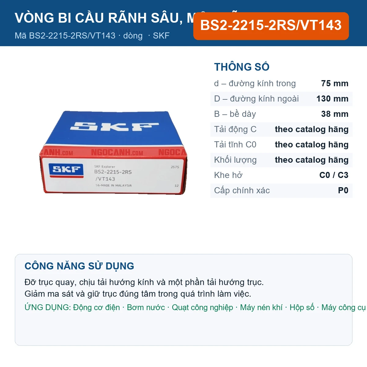 Vòng bi SKF BS2-2215-2RS/VT143 75x130x38mm — Ảnh đăng sản phẩm (web)